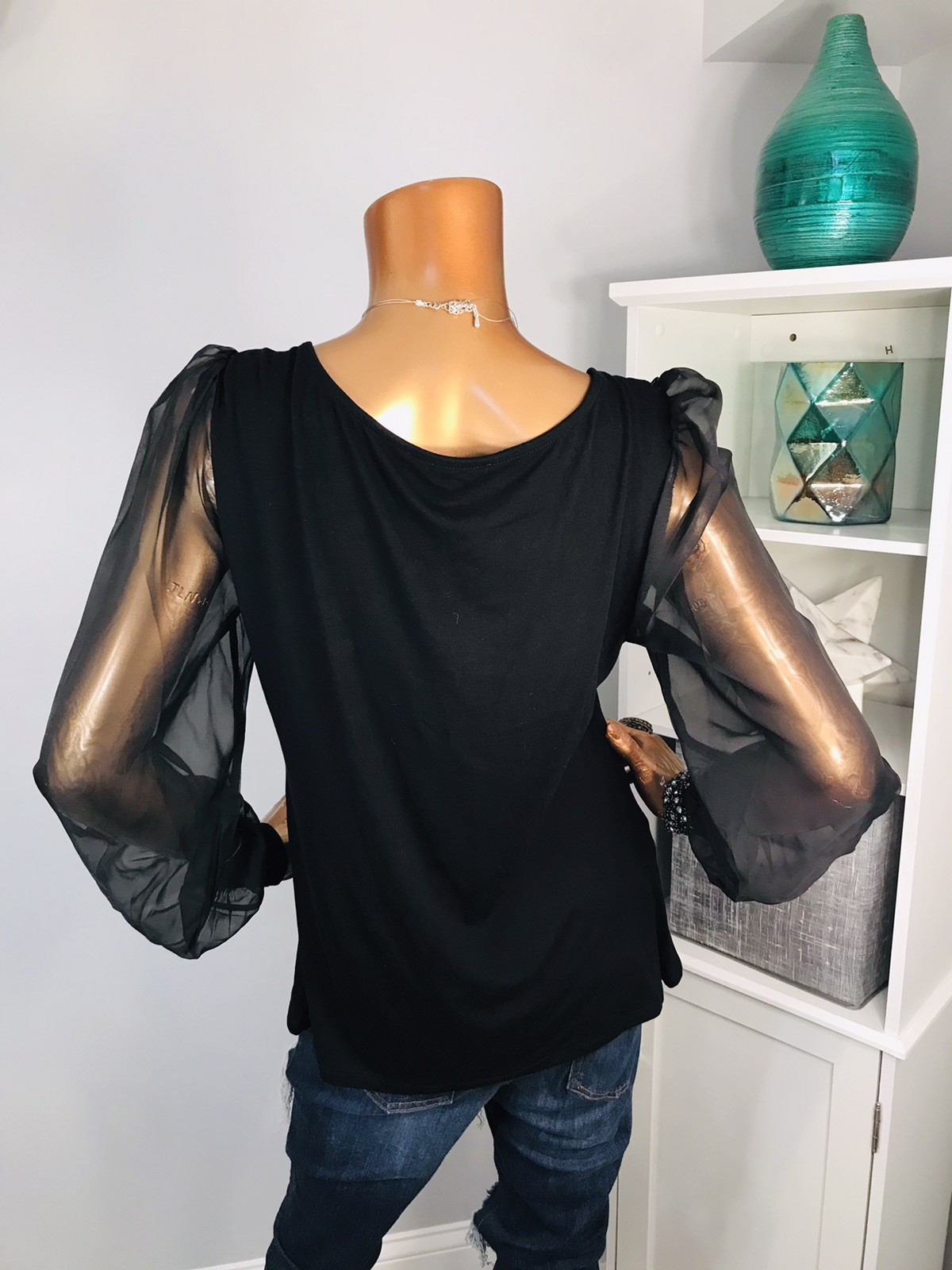 ELOQUII 14/16 or L Top Stretch Black NWT Long Sheer Sleeves Blouse Square Neck
