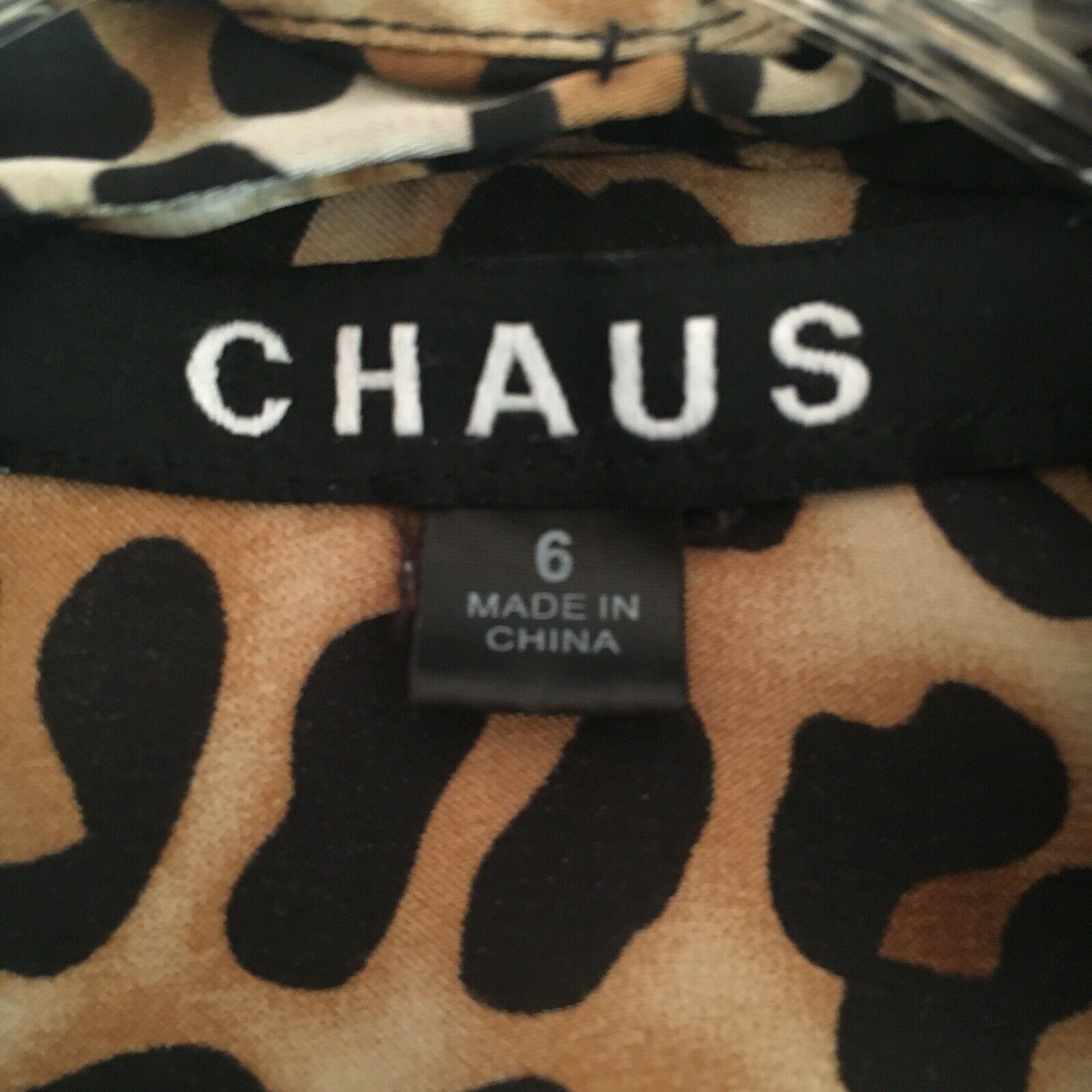 Vintage Chaus size 6 sleeveless blouse self tie neckline tan black animal print
