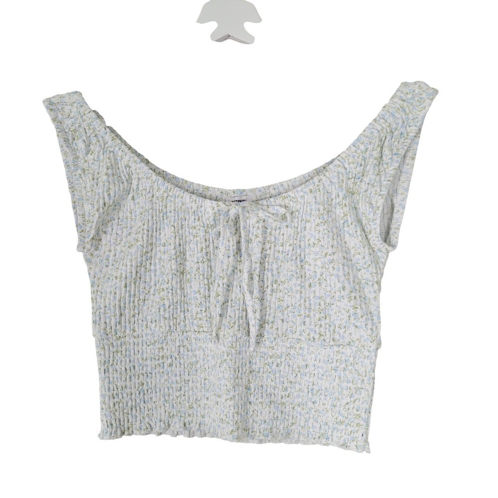 Cotton On Floral Crop Top Womens Medium White Blue Smocked Ditsy Tie Front Ribb