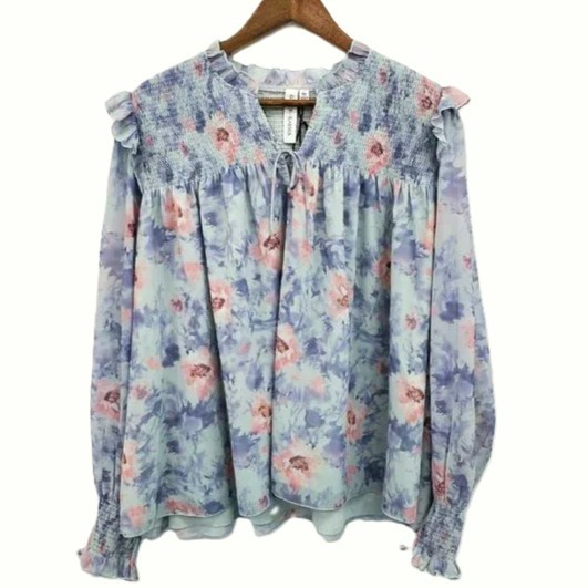 Grace + Karma Womens 1X Pink Blue Floral Smocked Ruffle Long Sleeve Boho Blouse