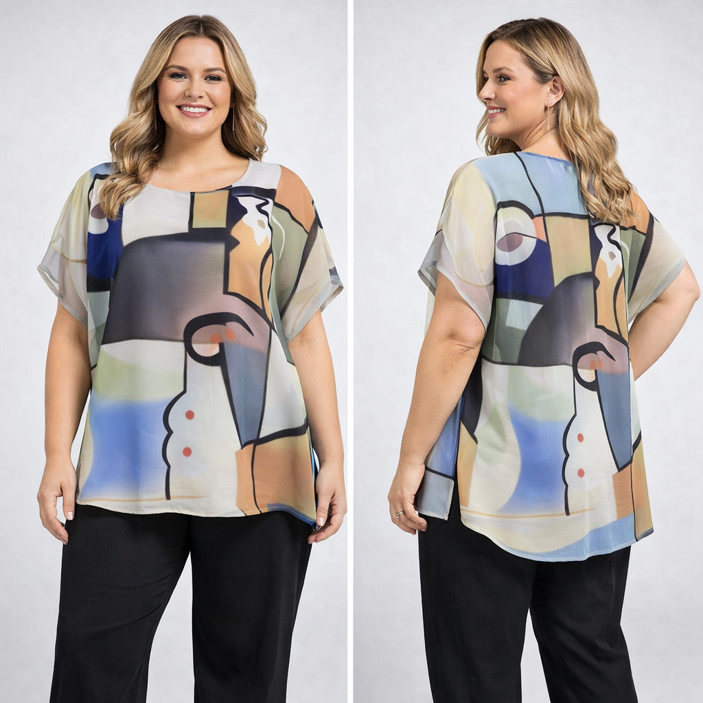 Fantazia Womens Abstract Sheer Blouse Top Size S M Colorblock Artsy Lightweight
