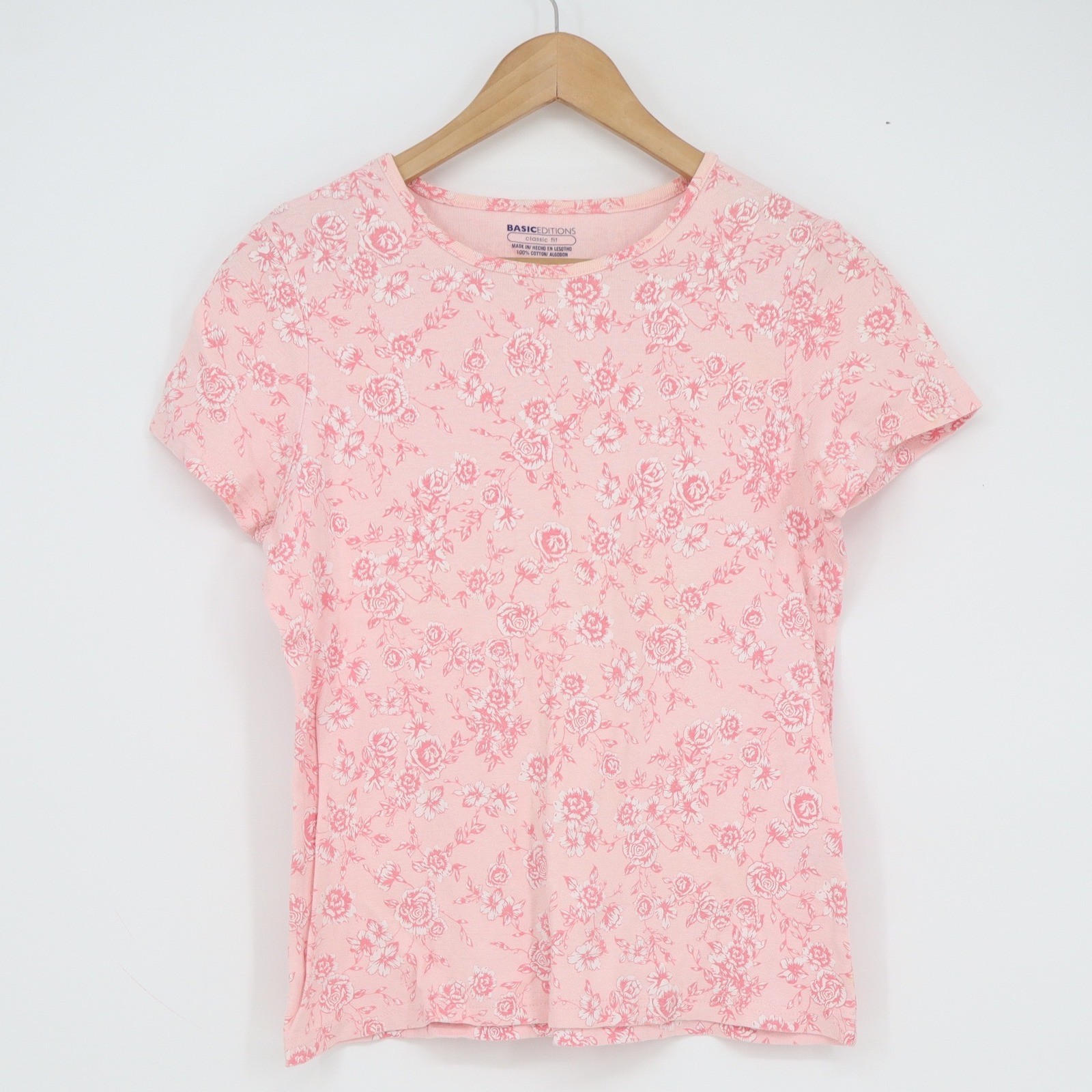 Basic Editions Pink Floral Rose Print Cotton Short Sleeve Crew Neck Tee Shirt M