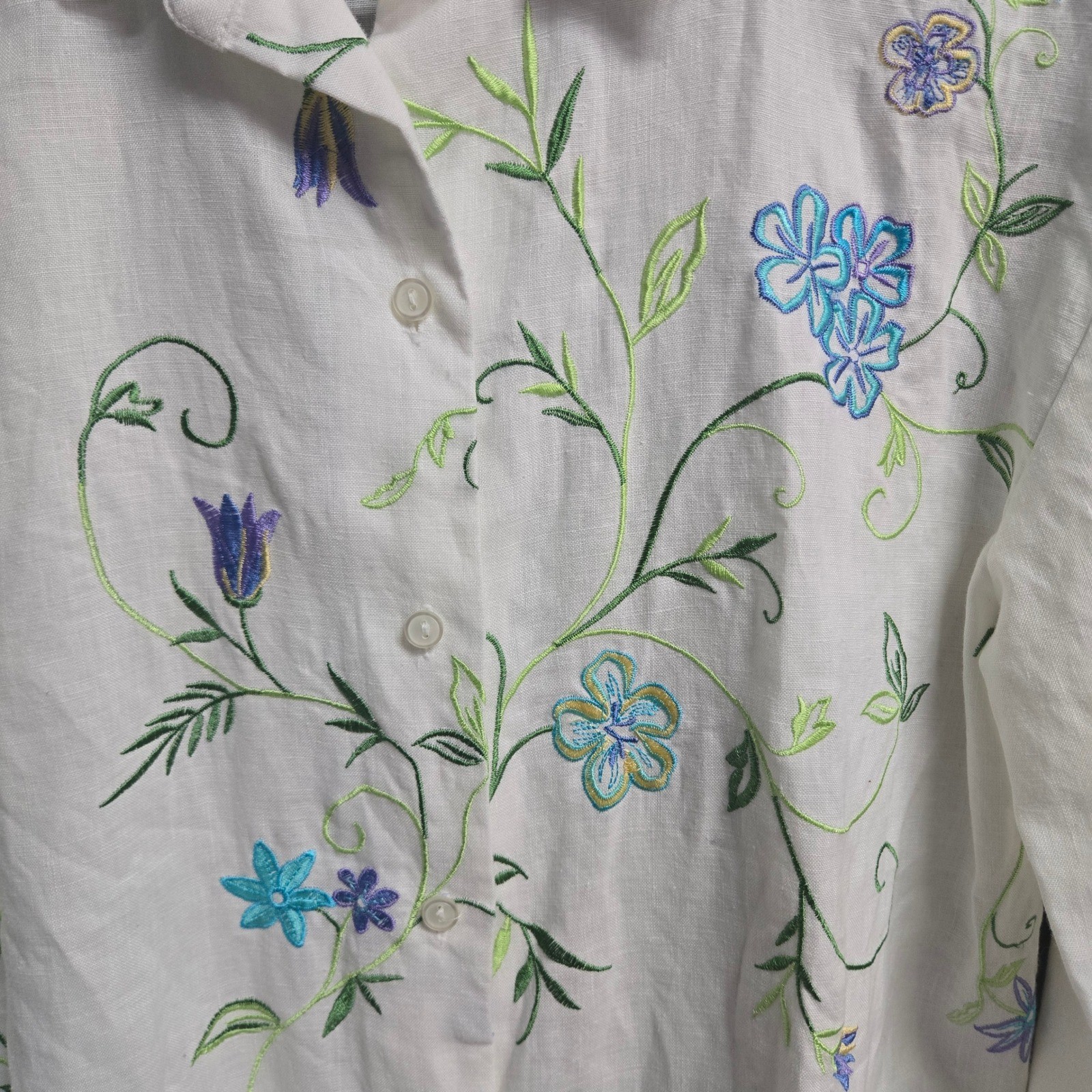 Cottagecore Floral Embroidered Linen Button Up Shirt White Roll Tab Top PS