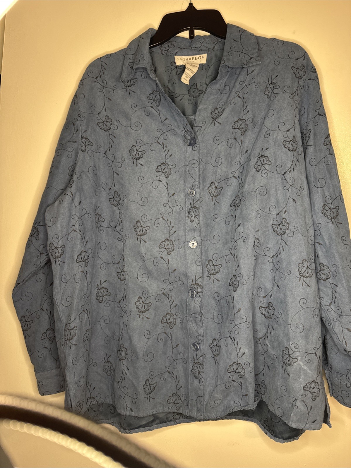 Sag Harbor Blue suede Feels Embroidered Floral Button Front Blouse 1X
