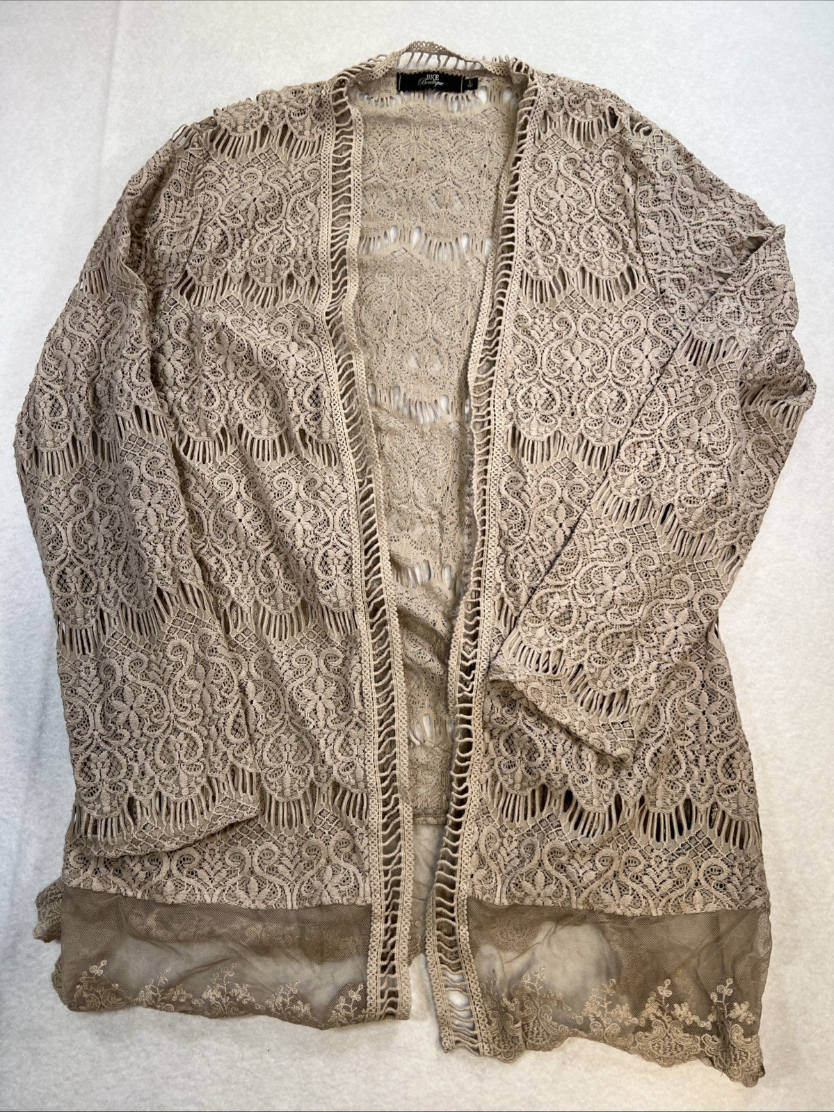 BKE boutique Open Front Cardigan L Crochet Lace Taupe Boho Sheer Lace Trim Women