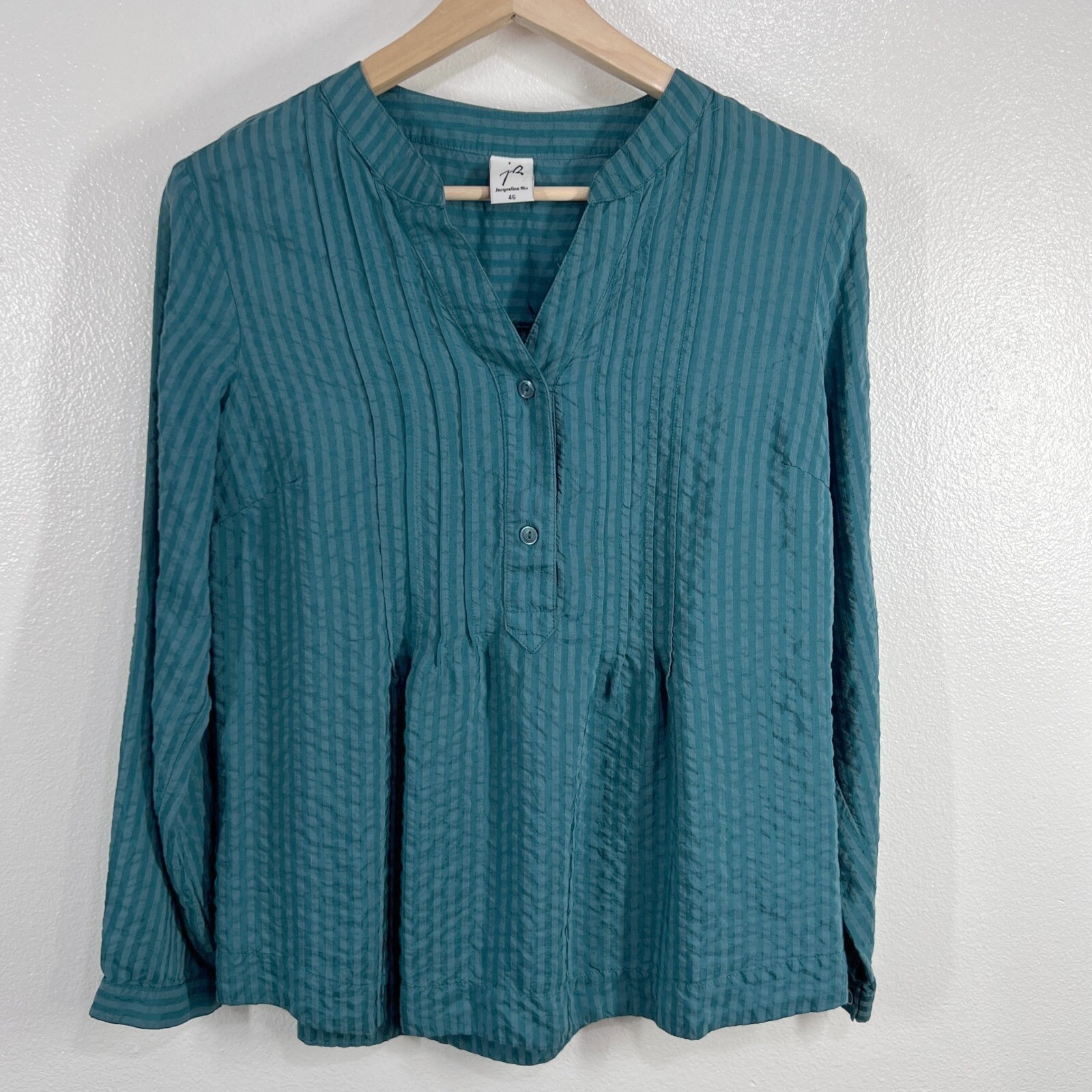 Jacqueline Riu Blouse Striped Button Down Long Sleeve Teal Green Medium