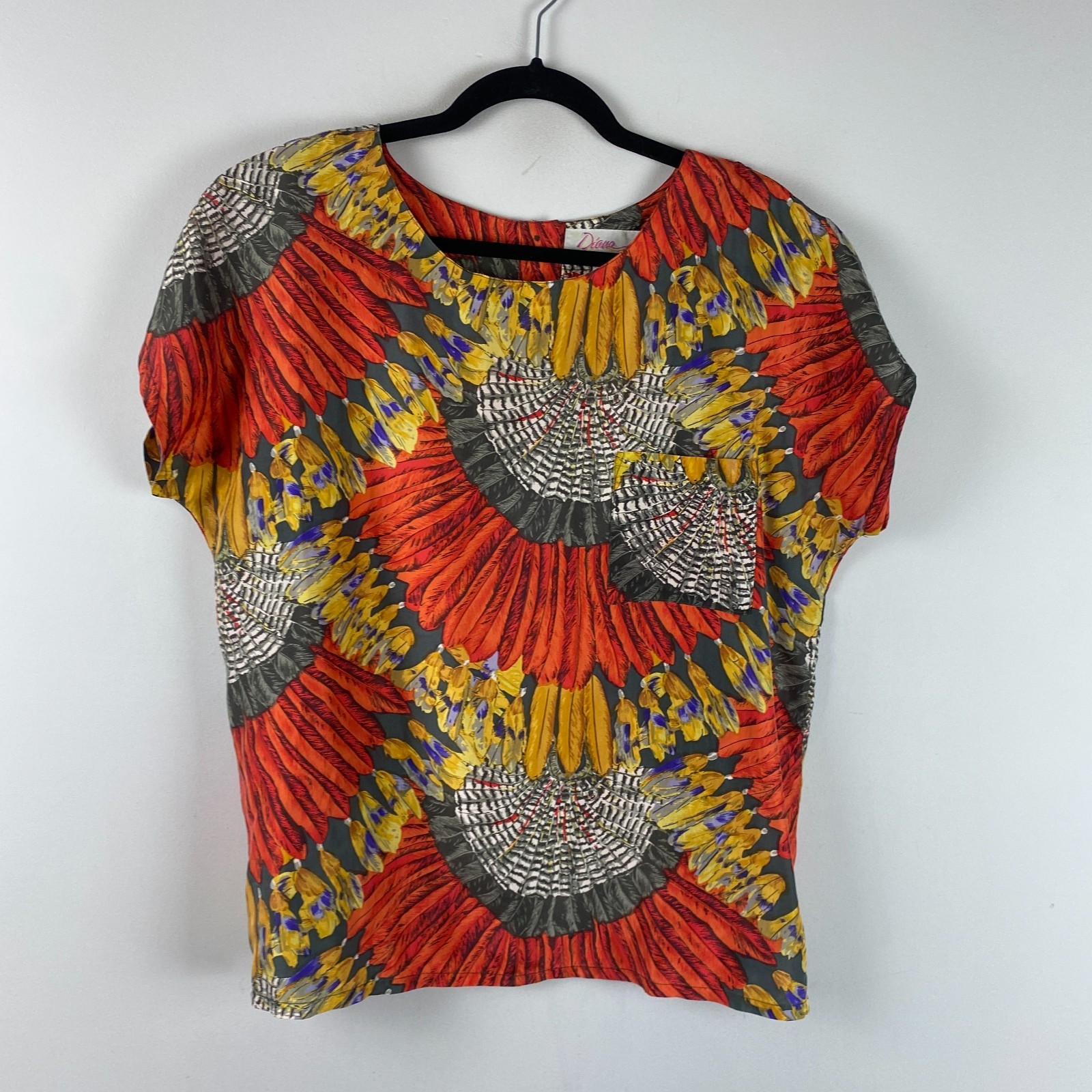 Diana Marco 100% Silk Blouse Size 14 Short Sleeve Multicolor Feather Print