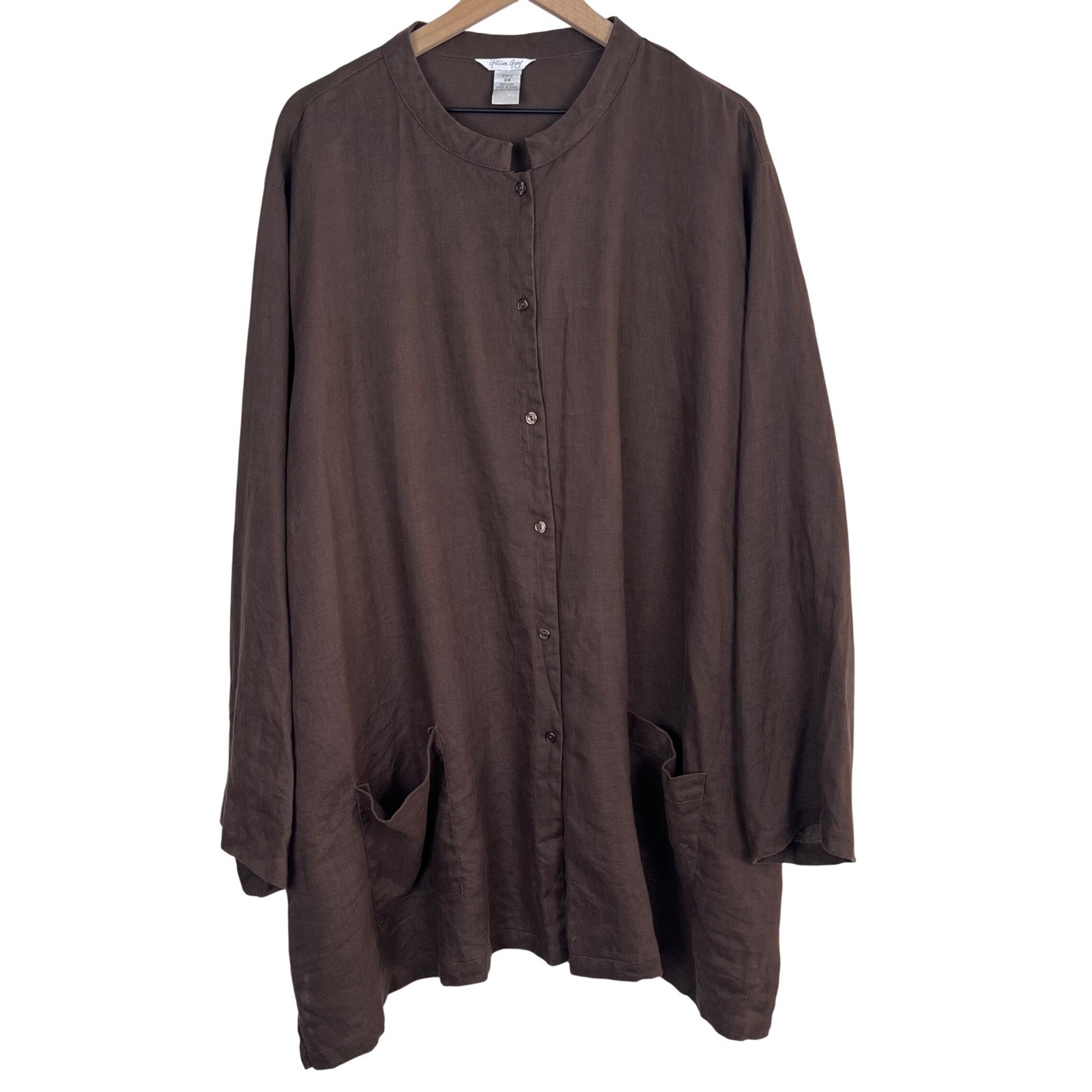 Gillian Grey Brown 100% Linen Mandarin Collar Button Down Tunic Top 34 Lagenlook