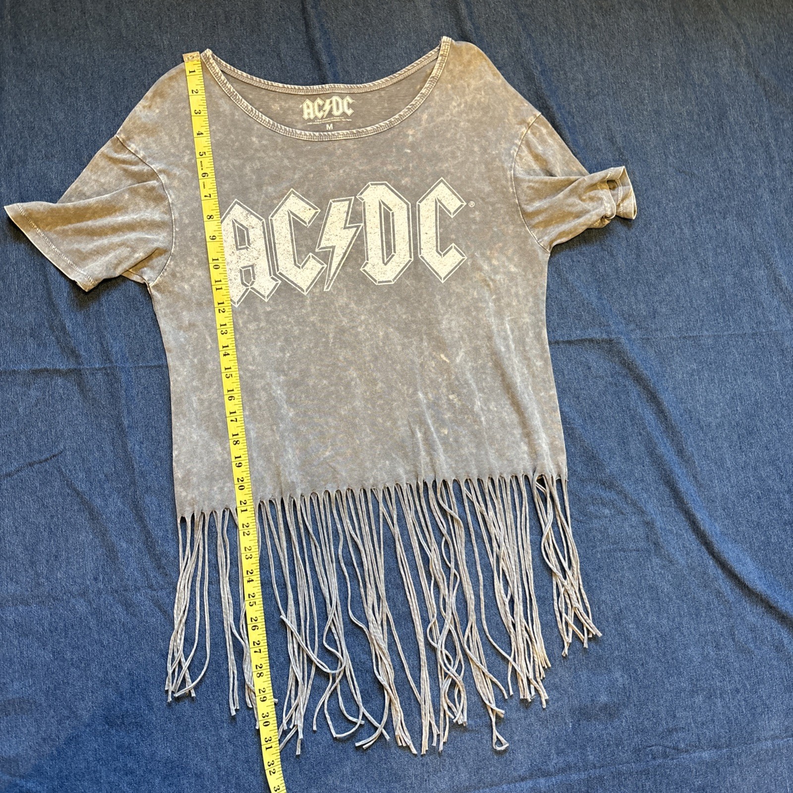 AC/DC SS T Shirt Rock N Roll Gray Grunge Destroyed Fringe Bottom NWOT Sz M