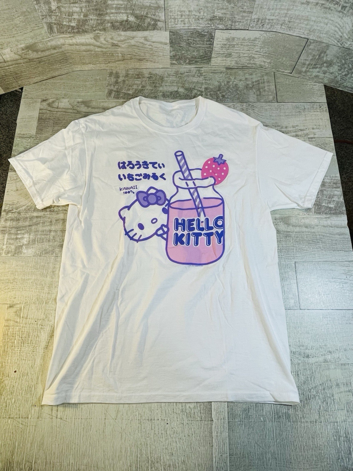 Hello Kitty Strawberry Milk Womens Large White Kawaii Graphic Tee Shirt