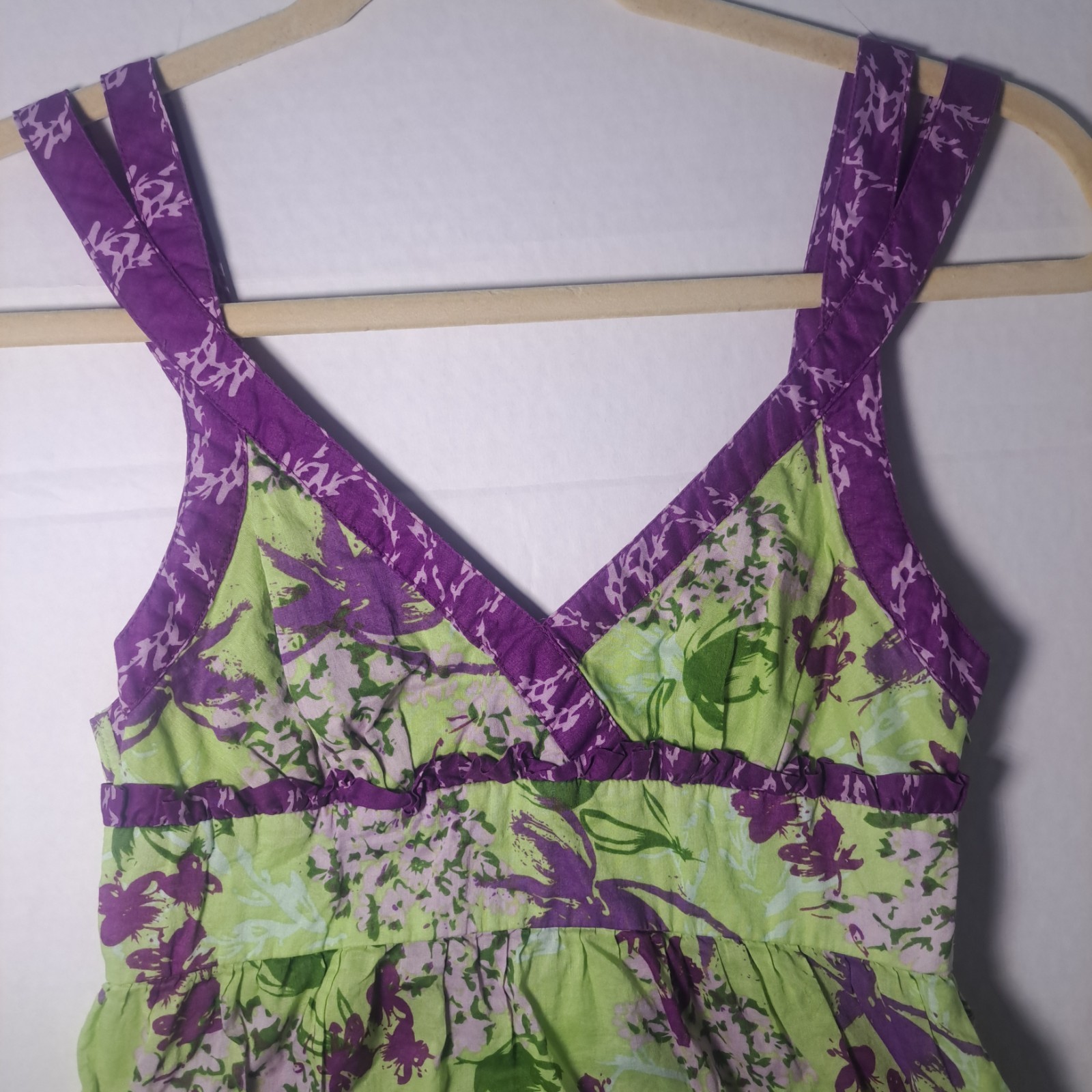 Kensie Y2K Green & Purple Floral Babydoll Top Criss Cross Straps Side Zip Sz XS