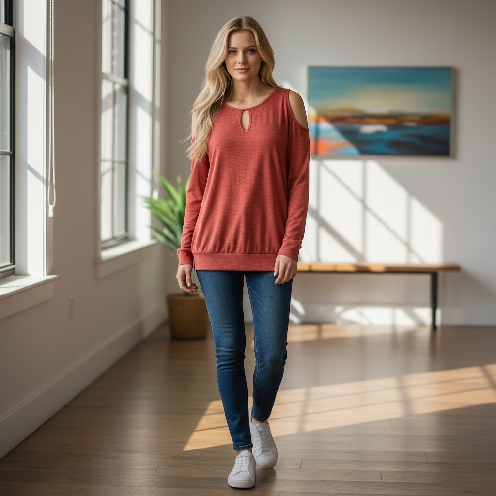 Boston Proper Cold Shoulder Top Women Size Med Burnt Orange Keyhole Dolman New