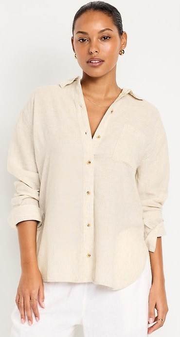 NWT Old Navy Linen Blend Boyfriend Shirt, M, Natural Beige, Long-Sleeve, Relaxed