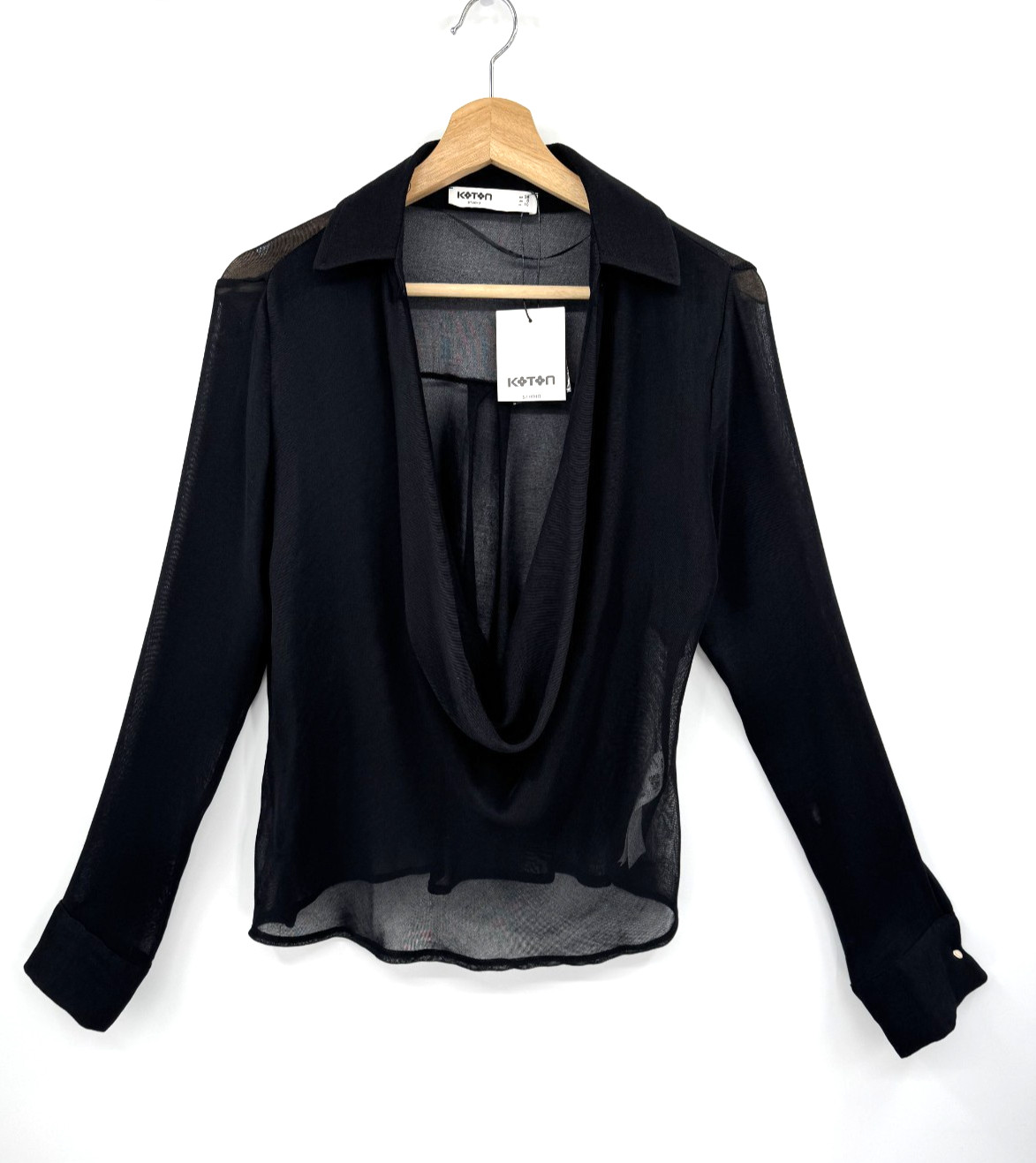 NWT Koton Studio Sheer Black Cowl Neck Blouse Long Sleeve Draped Top EU38 US6