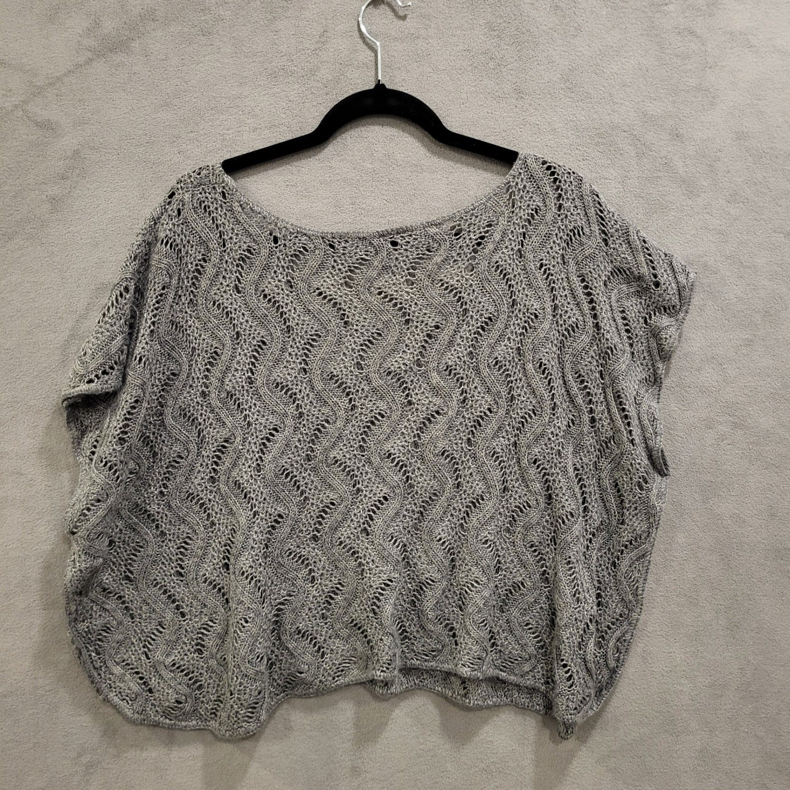 Open Knit Oversized Crochet Top Gray Dolman Short Sleeve Casual Office Classic