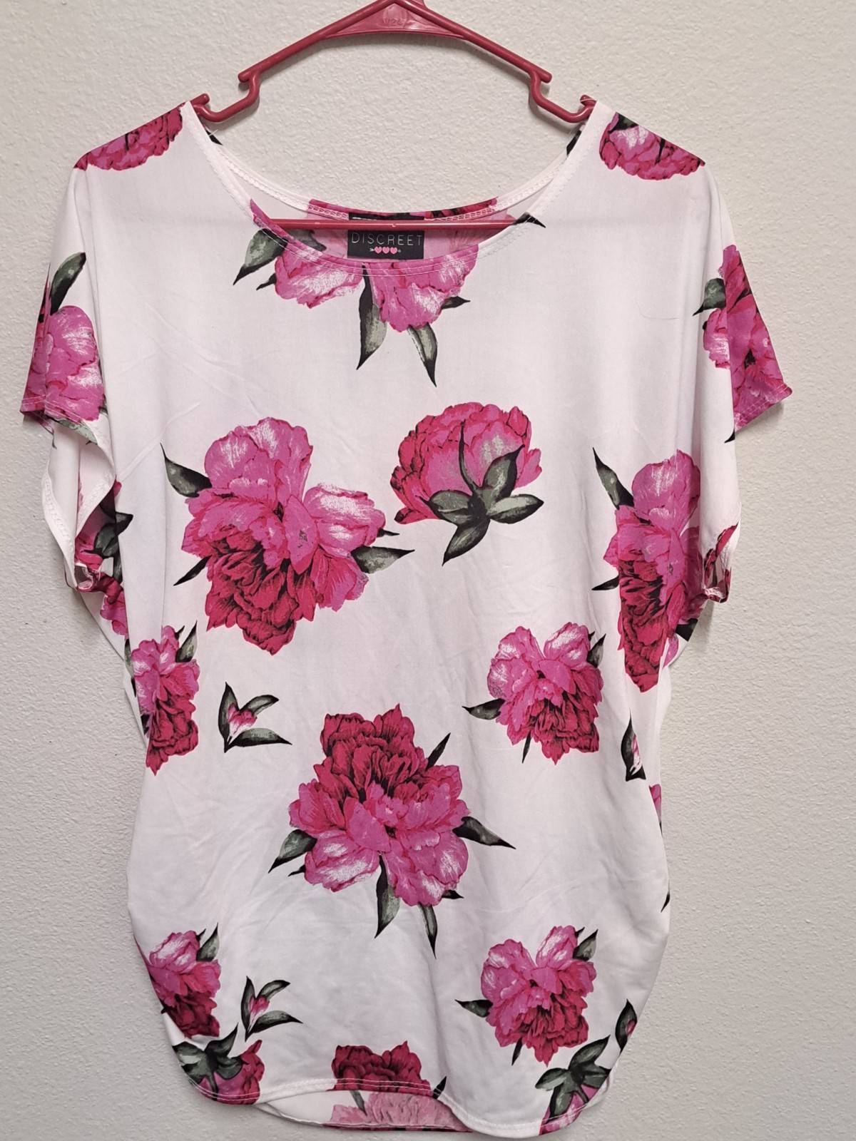 Discreet Floral Blouse Womens XL Pink White Ruched Hem Stretch Short Sleeve Top