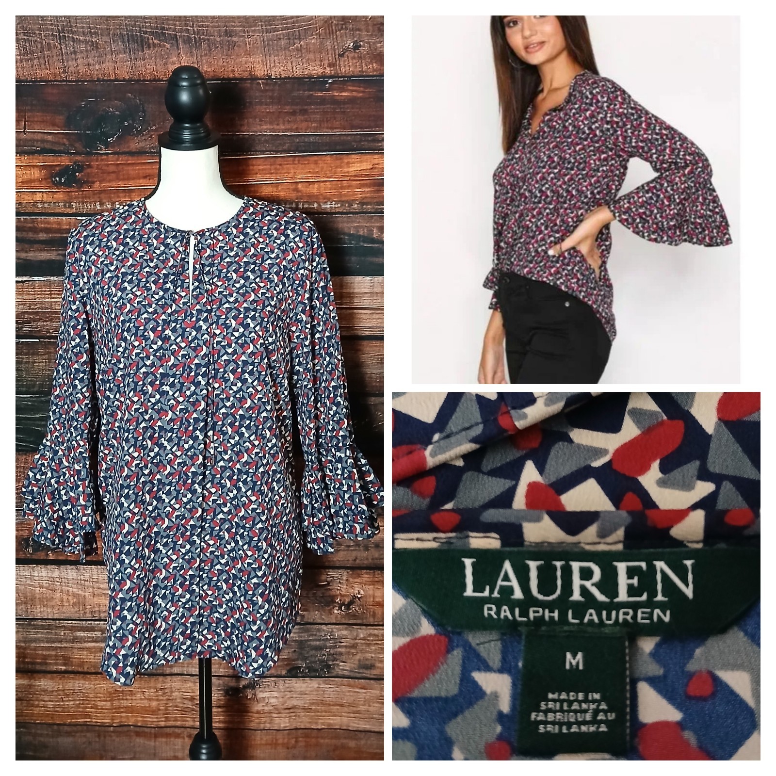 Lauren Ralph Lauren Top Blouse Size M Bell Cuff Tie Front Tunic Geometric