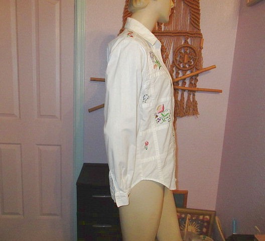 Vtg 90s Embroidered Owl Top Size S Cotton Button Up Cherry Butterfly Flower