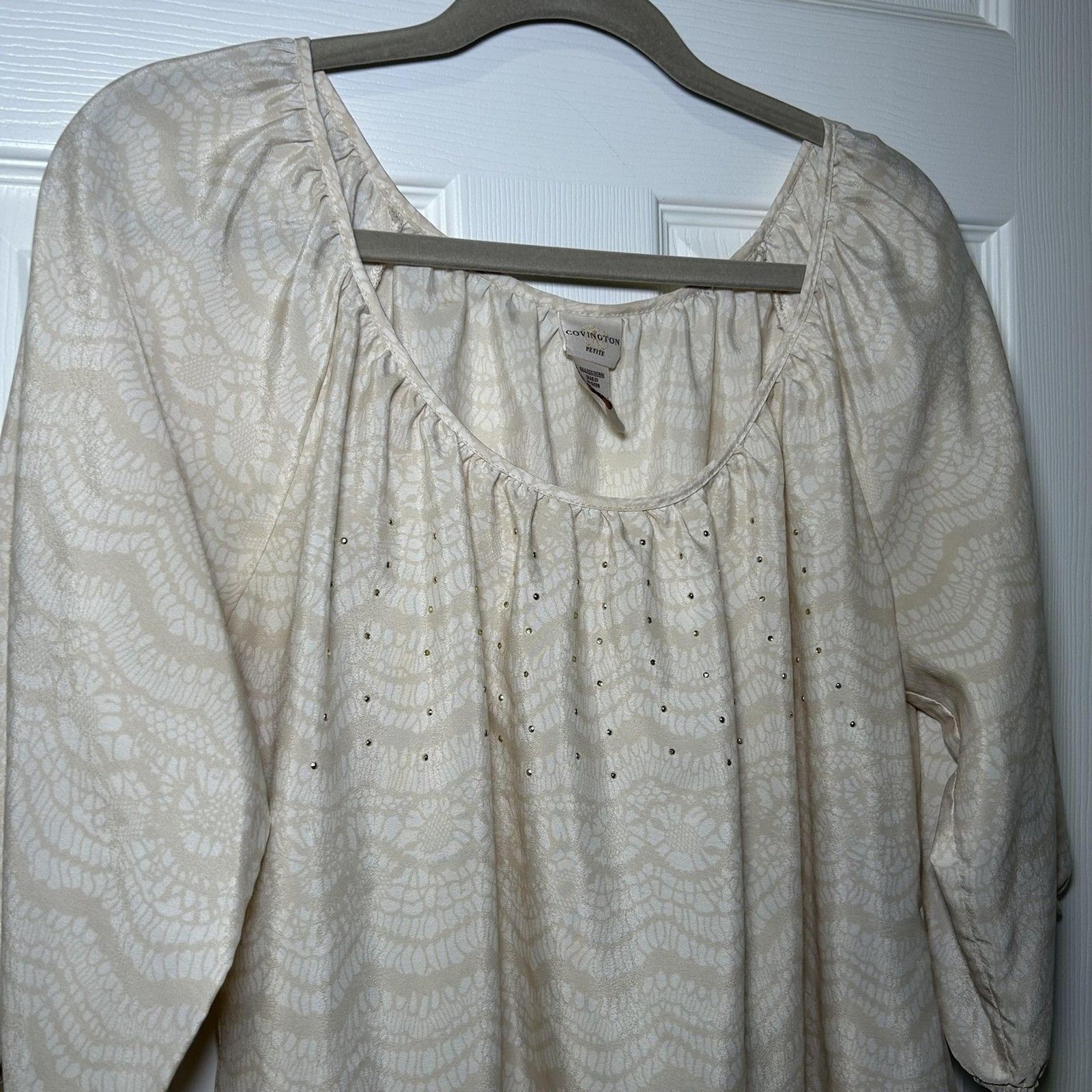 Covington Blouse Women’s XLP White Geometric Rhinestone Scoop Neck Tunic Top