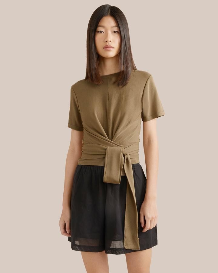 Modern Citizen Womens Brown Short Sleeve Minimalist Knit Crop Wrap Top L