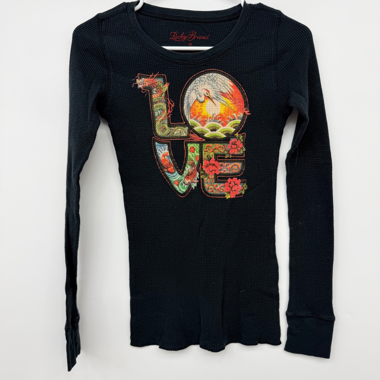 Lucky Brand Vintage Thermal Shirt LOVE Graphic Asian Art Y2K Womens XS Black