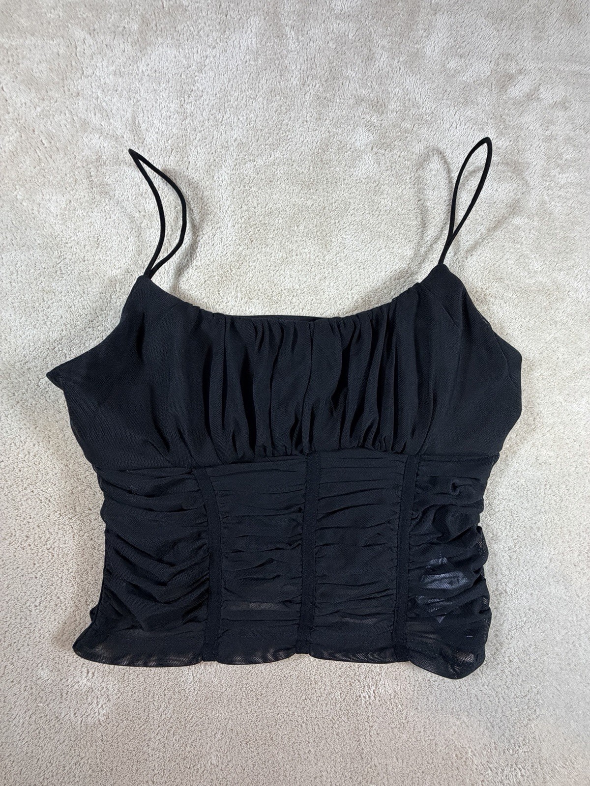Princess Polly Black Ruched Corset Crop Top Mesh Cami Y2K Size US 6