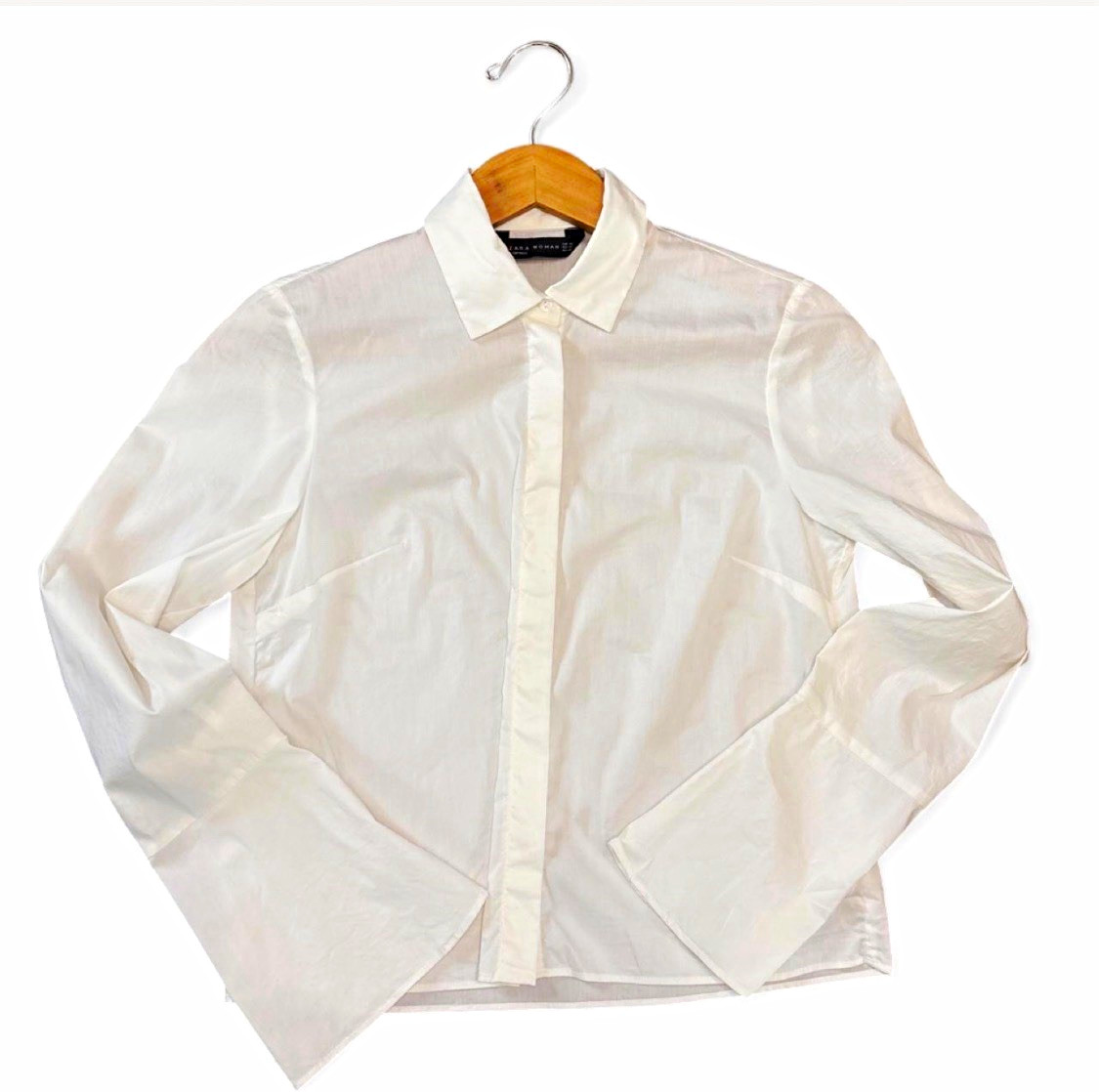 ZARA WOMAN bohemian, cottage Y2K White Button-Up Long Sleeve Woven Blouse XS