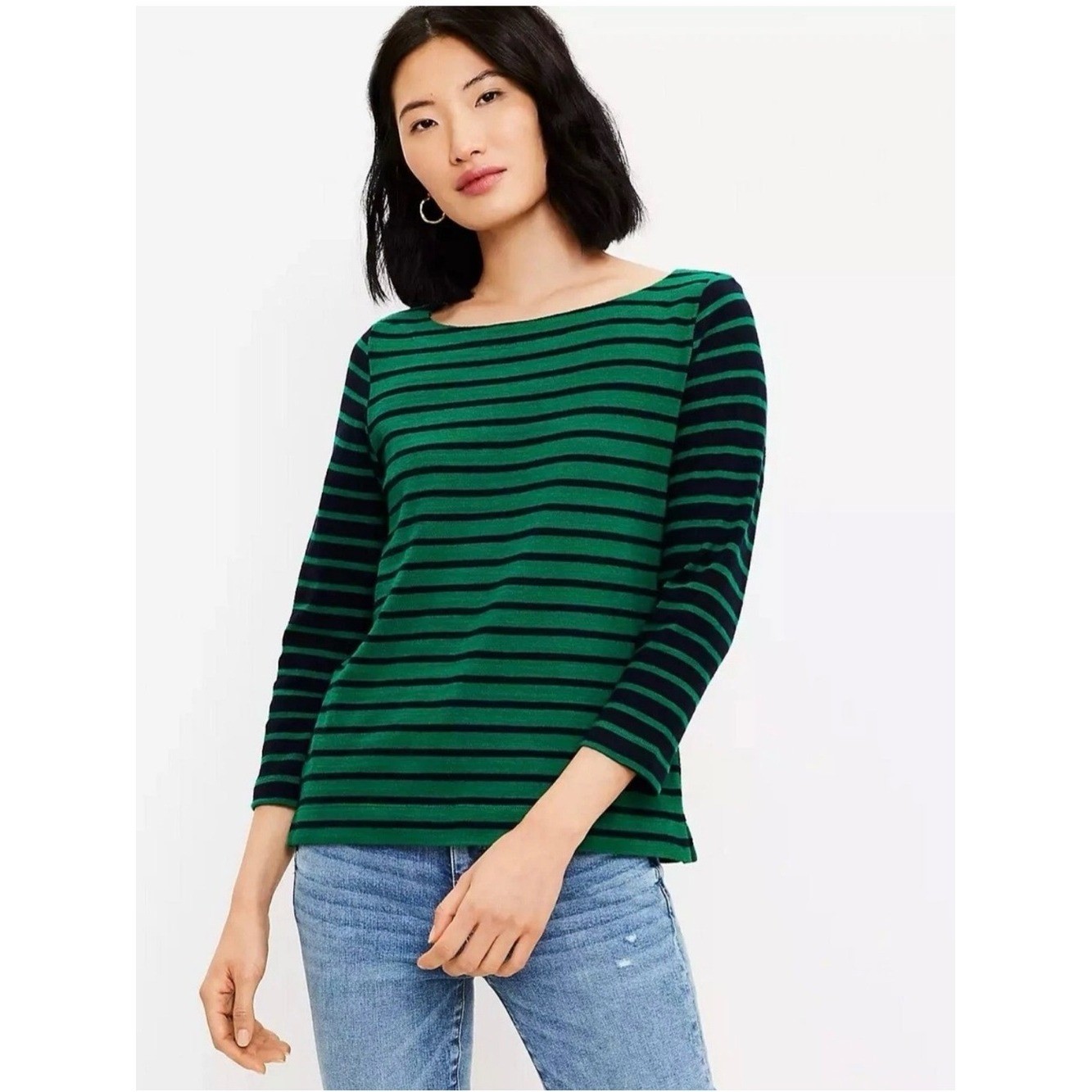 NWT LOFT Striped Harbor Tee Boat Neck Top Green Navy Blue Size S
