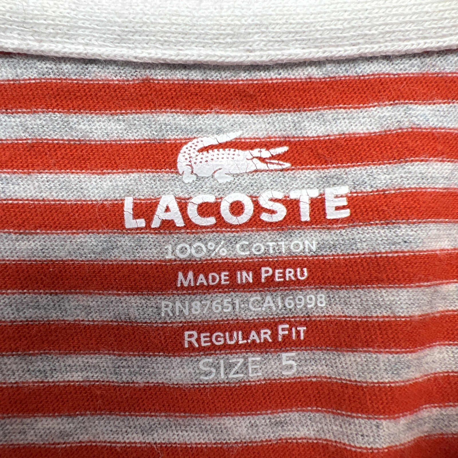 Lacoste 3 Button Crew Neck Short Sleeve Pullover Size 5 Red Gray Stripe Reg. Fit