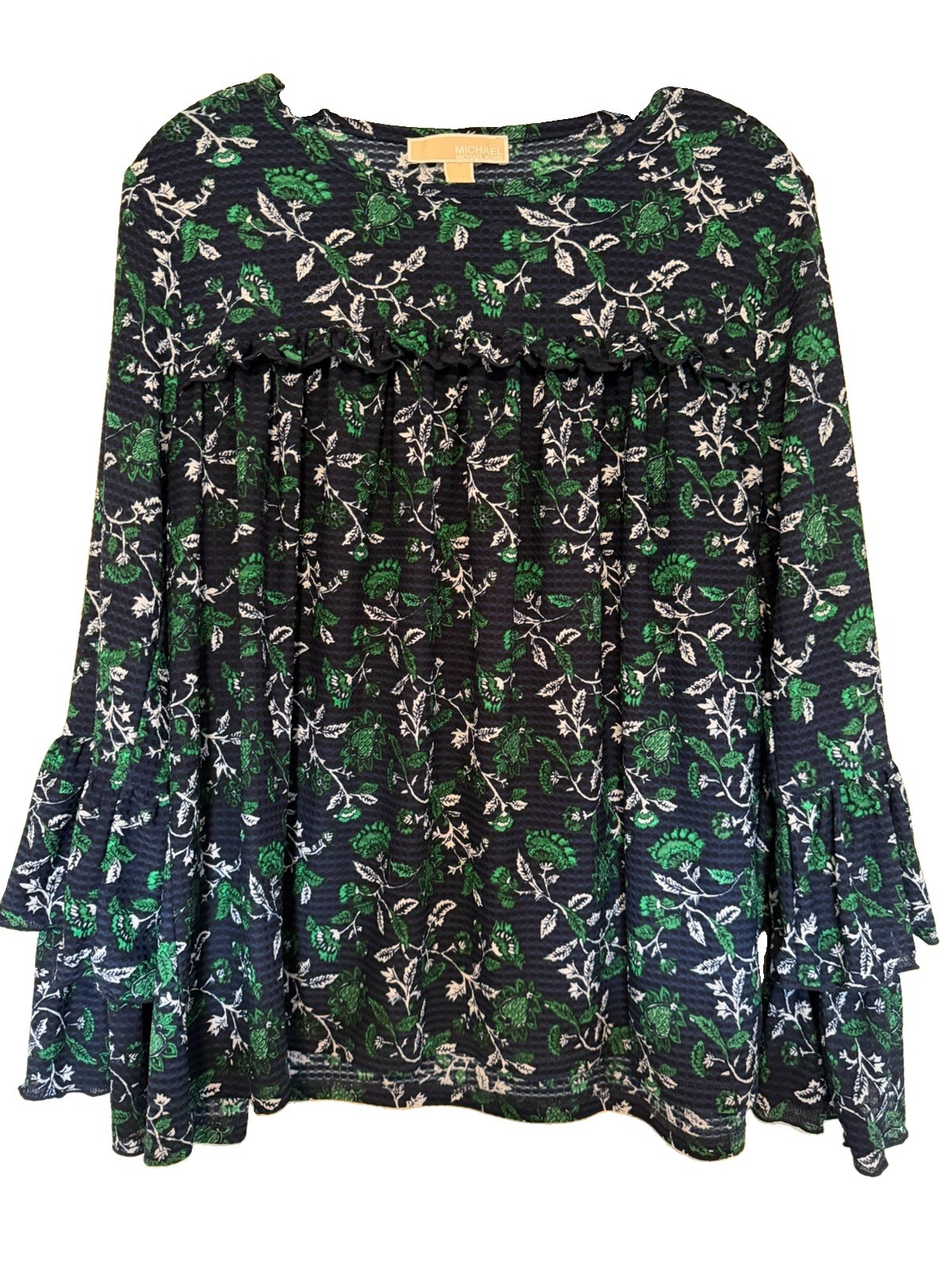 Michael Michael Kors Women’s Floral Navy Ruffle Bell Long Sleeve Blouse L