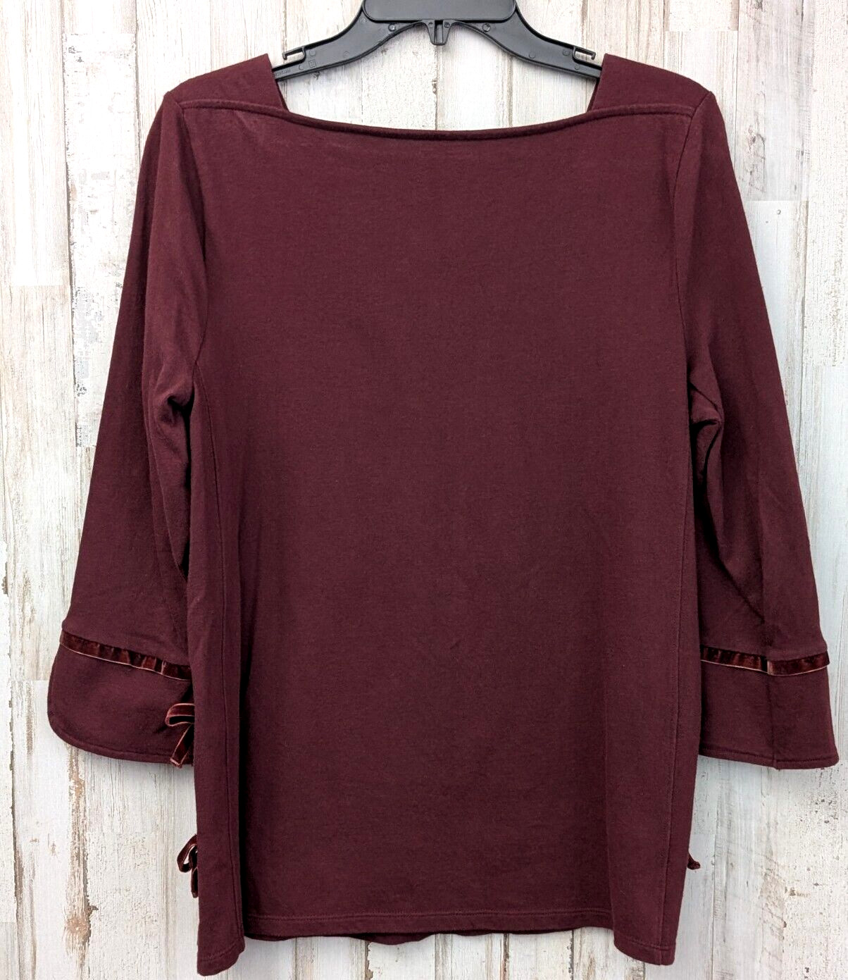 Talbots Burgandy Velvet Trim Bows Top Size M Holiday Office 3/4 Sleeve Pullover