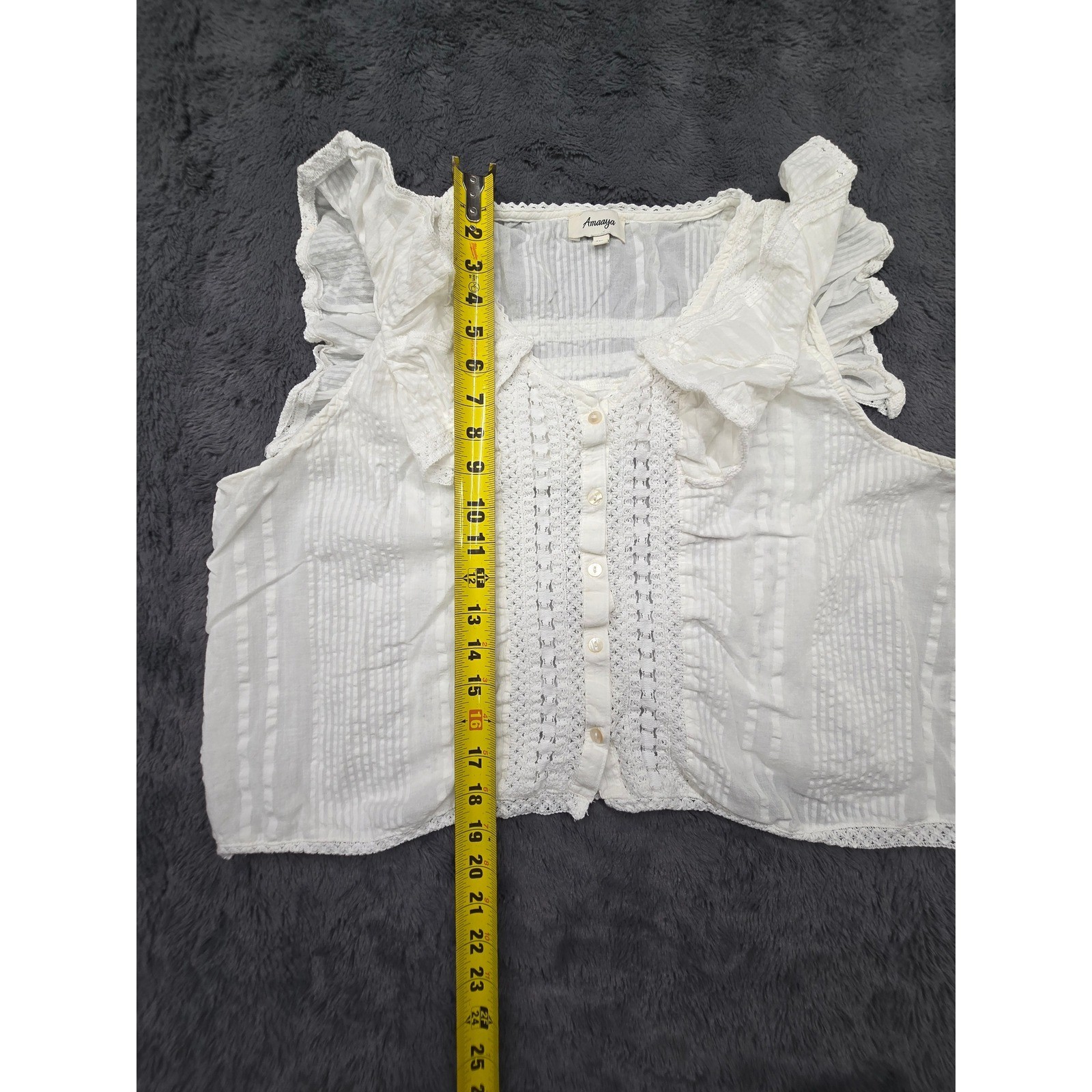 Amaaya White Ruffle Crochet Lace Sleeveless Button Down Top XL Boho Cotton