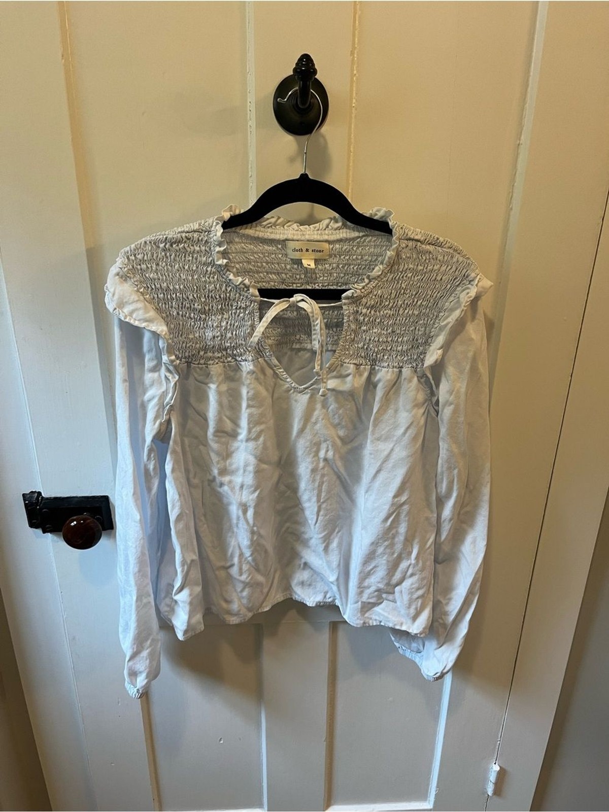 Anthropologie Cloth & Stone Smocked & Ruffled Shoulder Light Blue Top M
