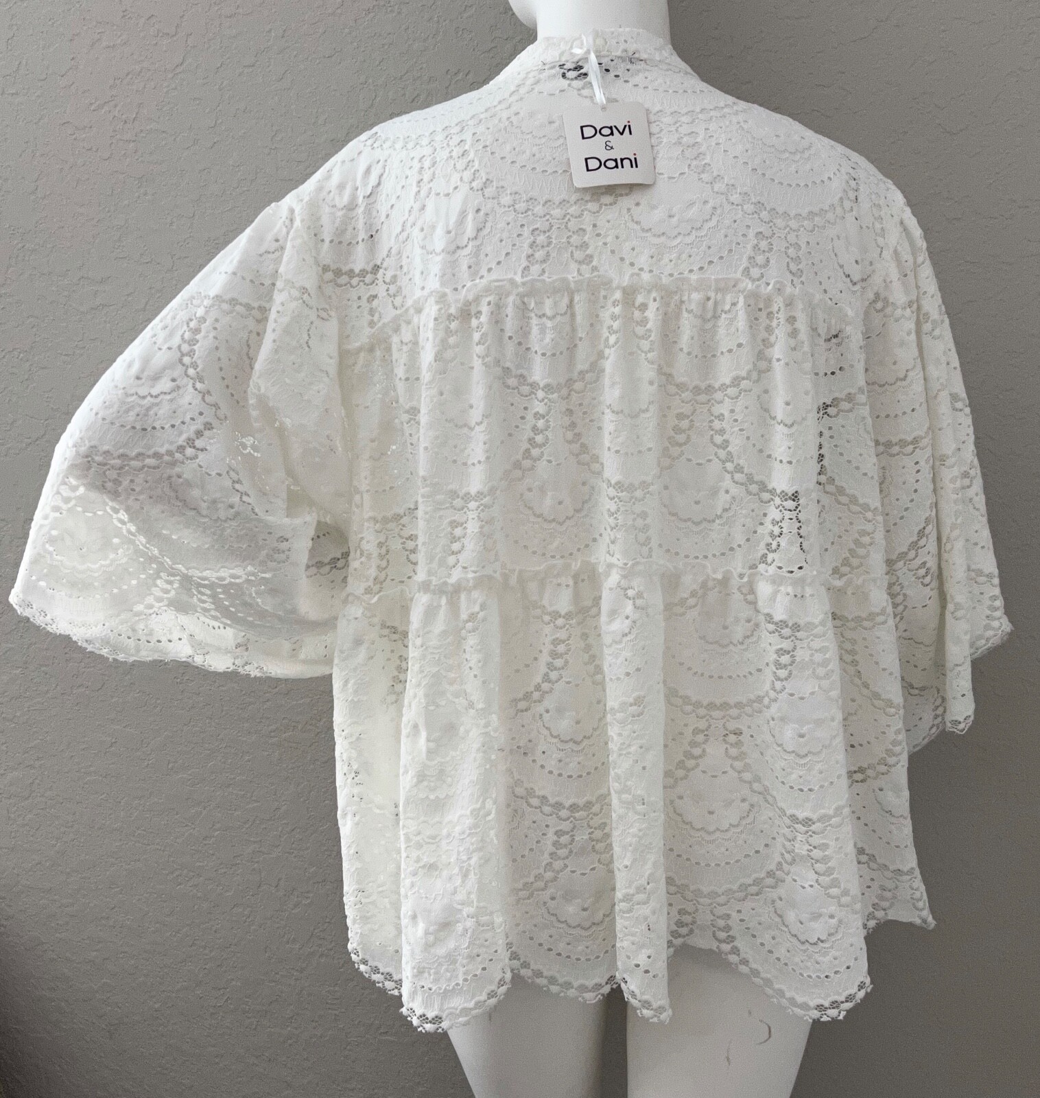 Davi & Dani Tiered Lace 3/4 Sleeve Cardigan Jacket Off White Plus 1XL 2XL 3XL