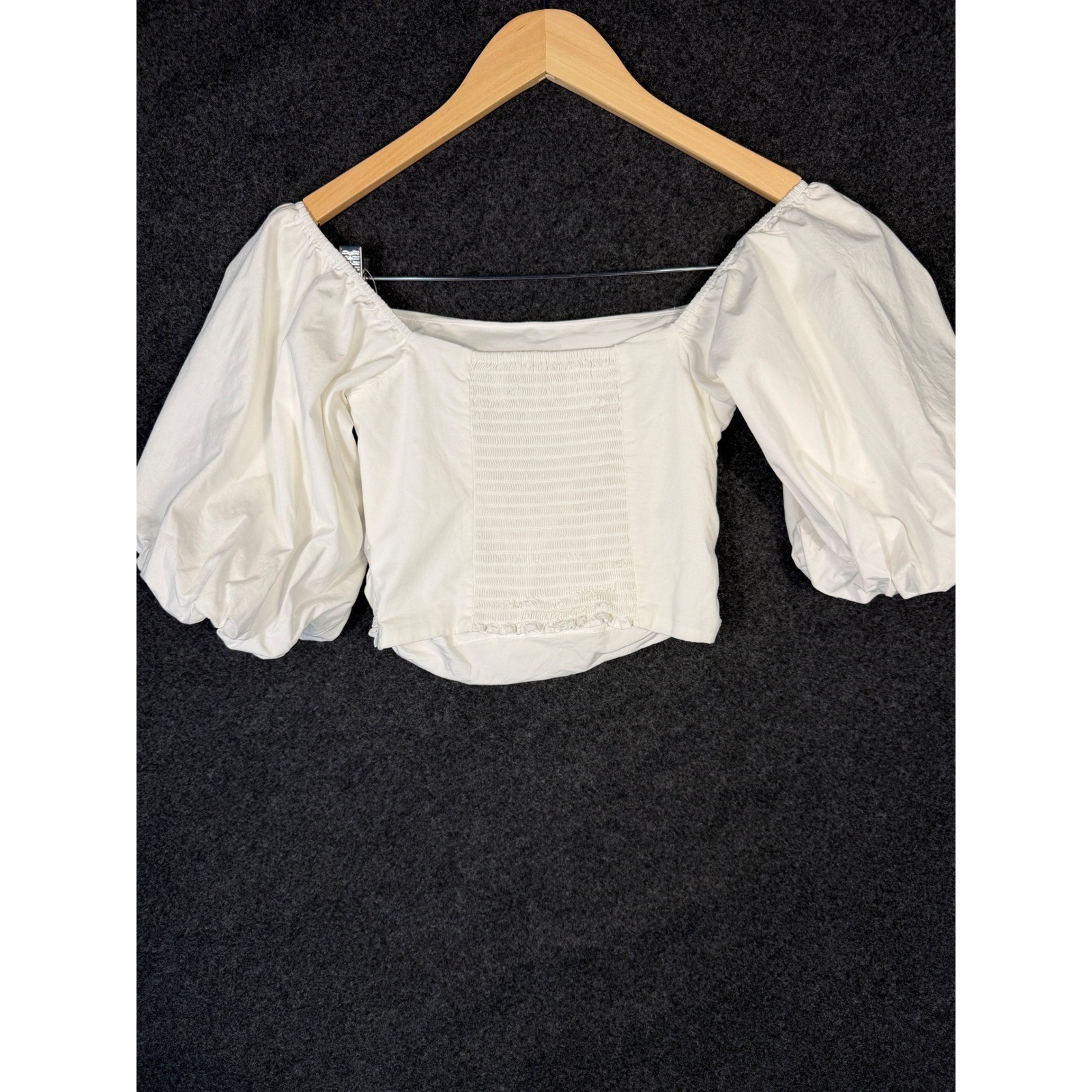 WAYF Puff Sleeve Crop Top Womens Small White Off Shoulder Ruched Smocked