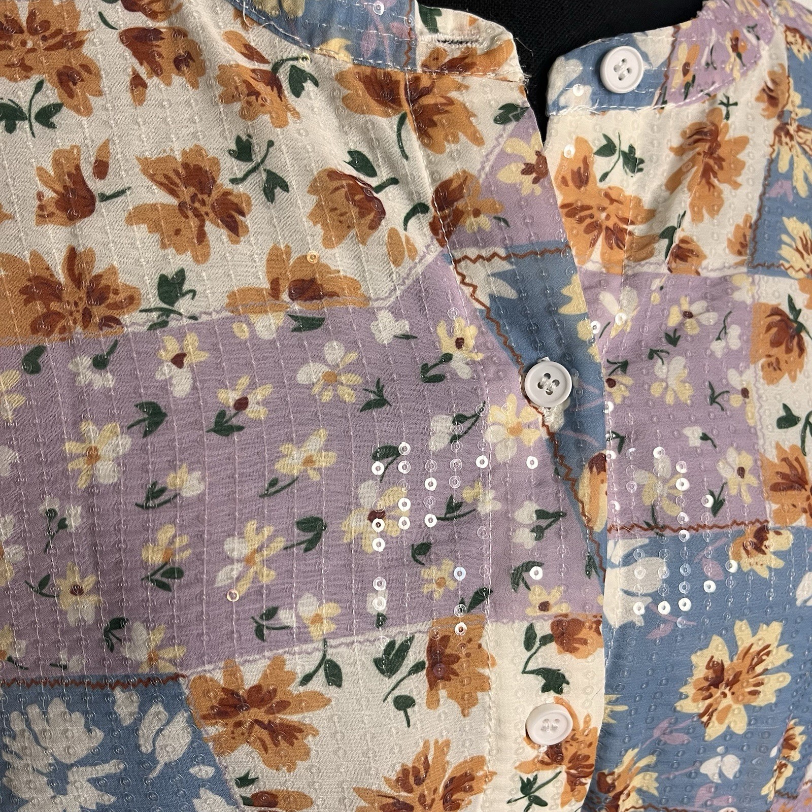 NWT Fate Patchwork Floral Sequin Blouse Sz S Boho Romantic Mixed Print Balloon