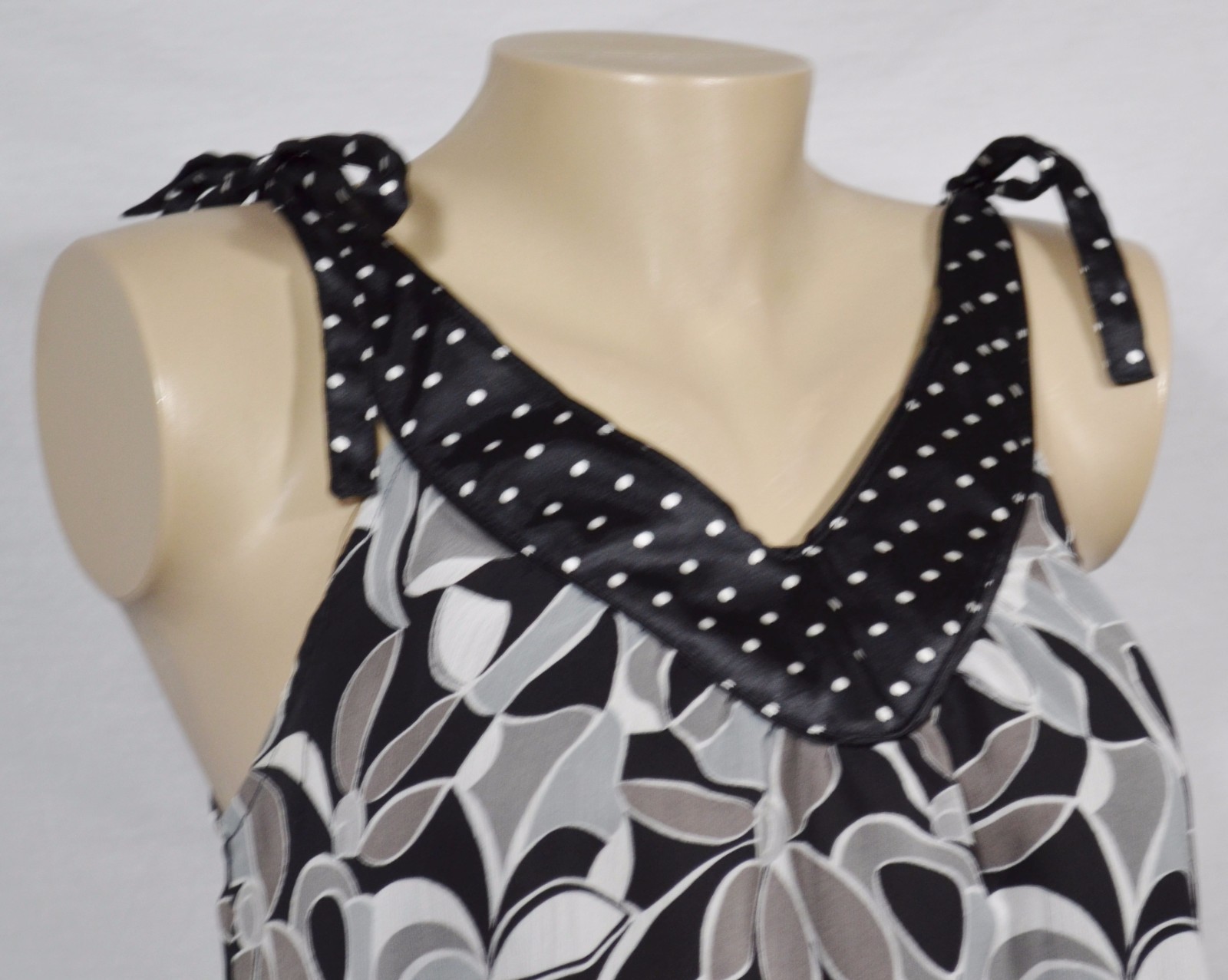 MIXIT Black Gray Patterned Sleeveless Top Small Polka Dot Neckline Tied Shoulder