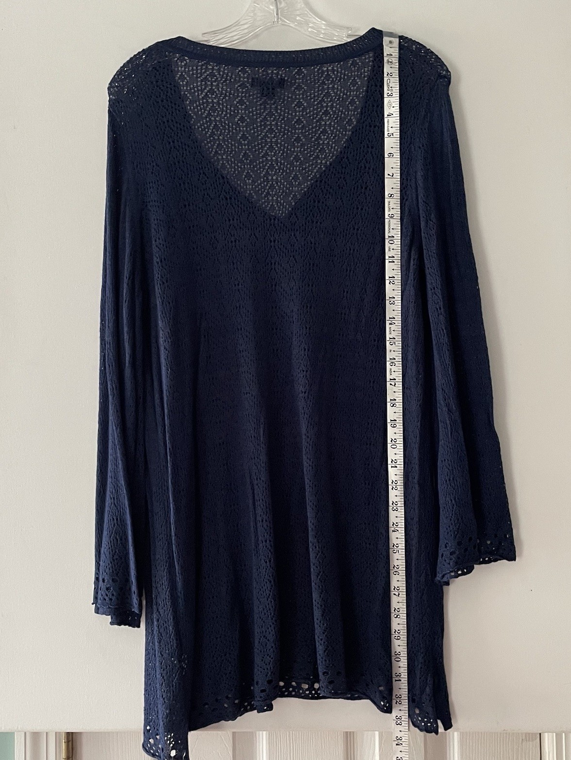 New Directions Women Large Midnight Blue Shimmer Crochet Open Knit Tunic Top