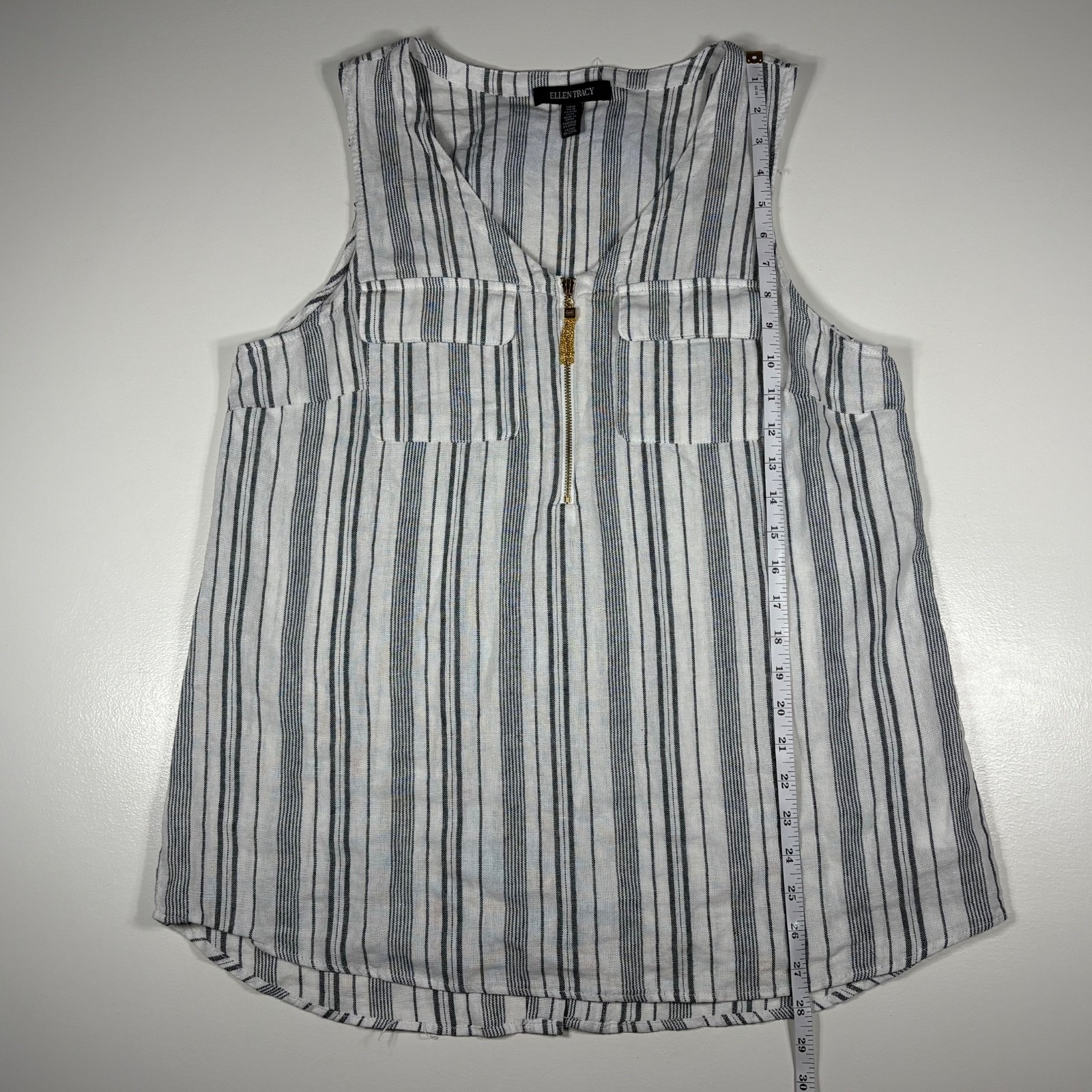 Ellen Tracy Tank Top Women Medium Blue White Striped Linen Blend Coastal Zip