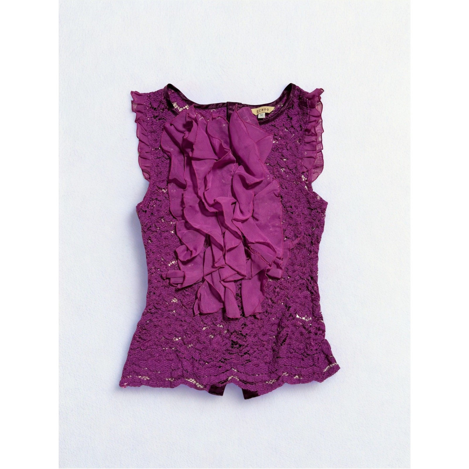 Purple Allover Lace Fitted Ruffle Front Sleeveless Blouse with Cloth Button Back