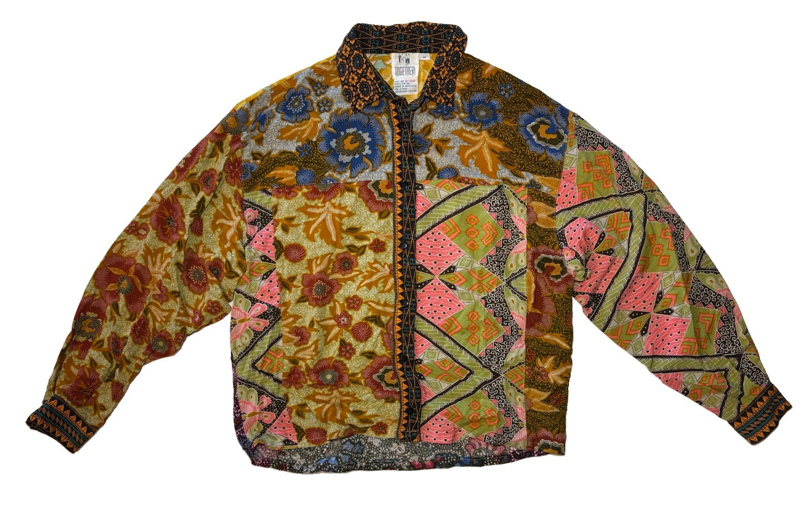 Vtg Together! 80s 90s Mixed Patchwork Print Blouse Shirt Womens M Hippie Floral