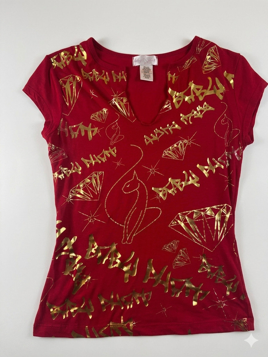 Baby Phat Y2K Aesthetic Red V-Neck T-Shirt with Gold Foil Accents Size M