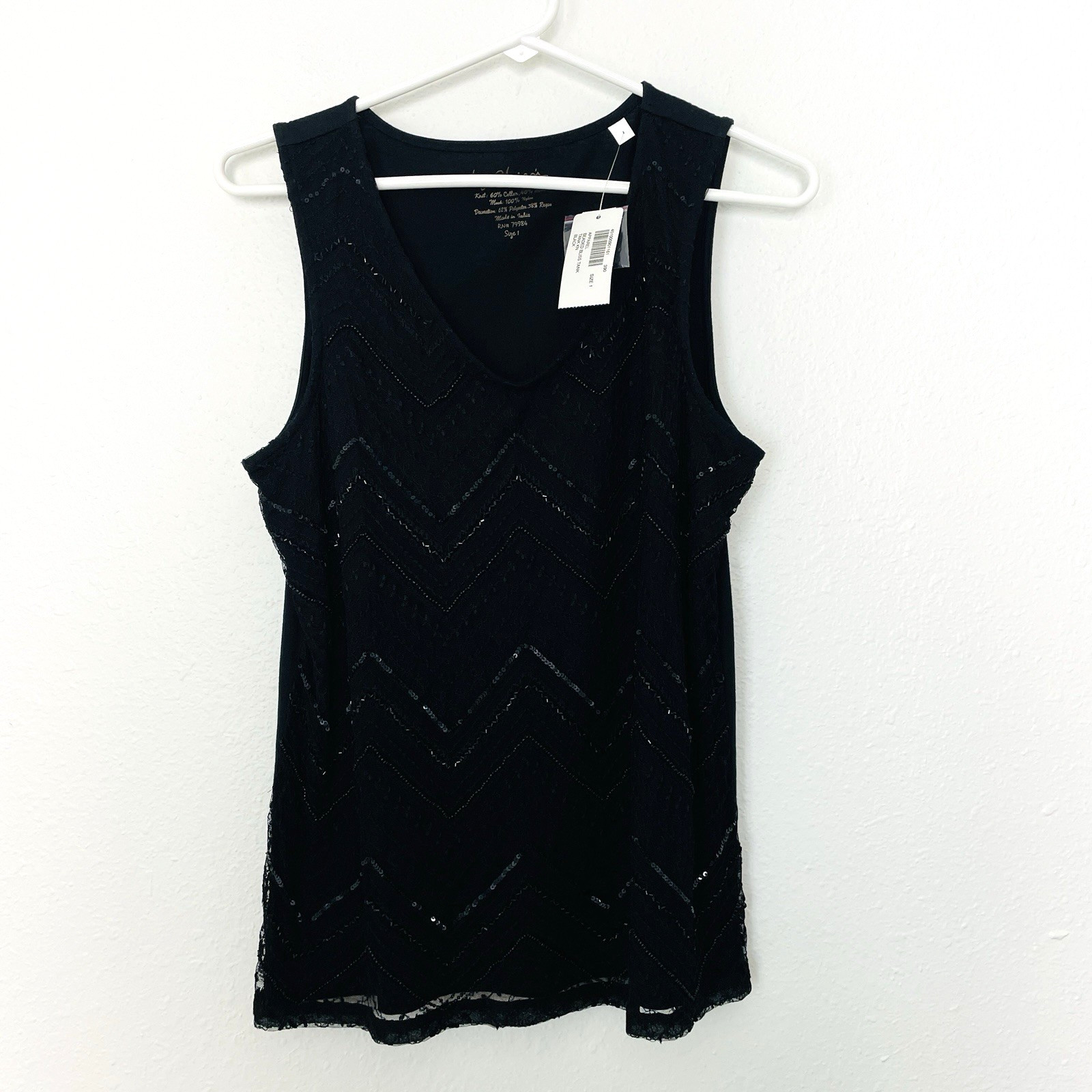 Chico’s Chevron Beaded Bliss Tank Top Shell Size 1 Medium 8/10 Black NEW