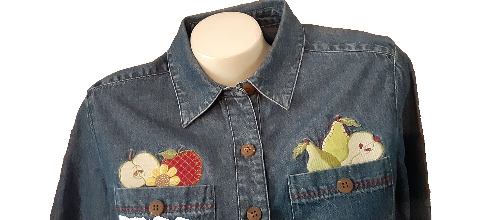 Breckenridge Blue Denim Shirt Long Sleeves Straight Hem Embroidered Misses PM