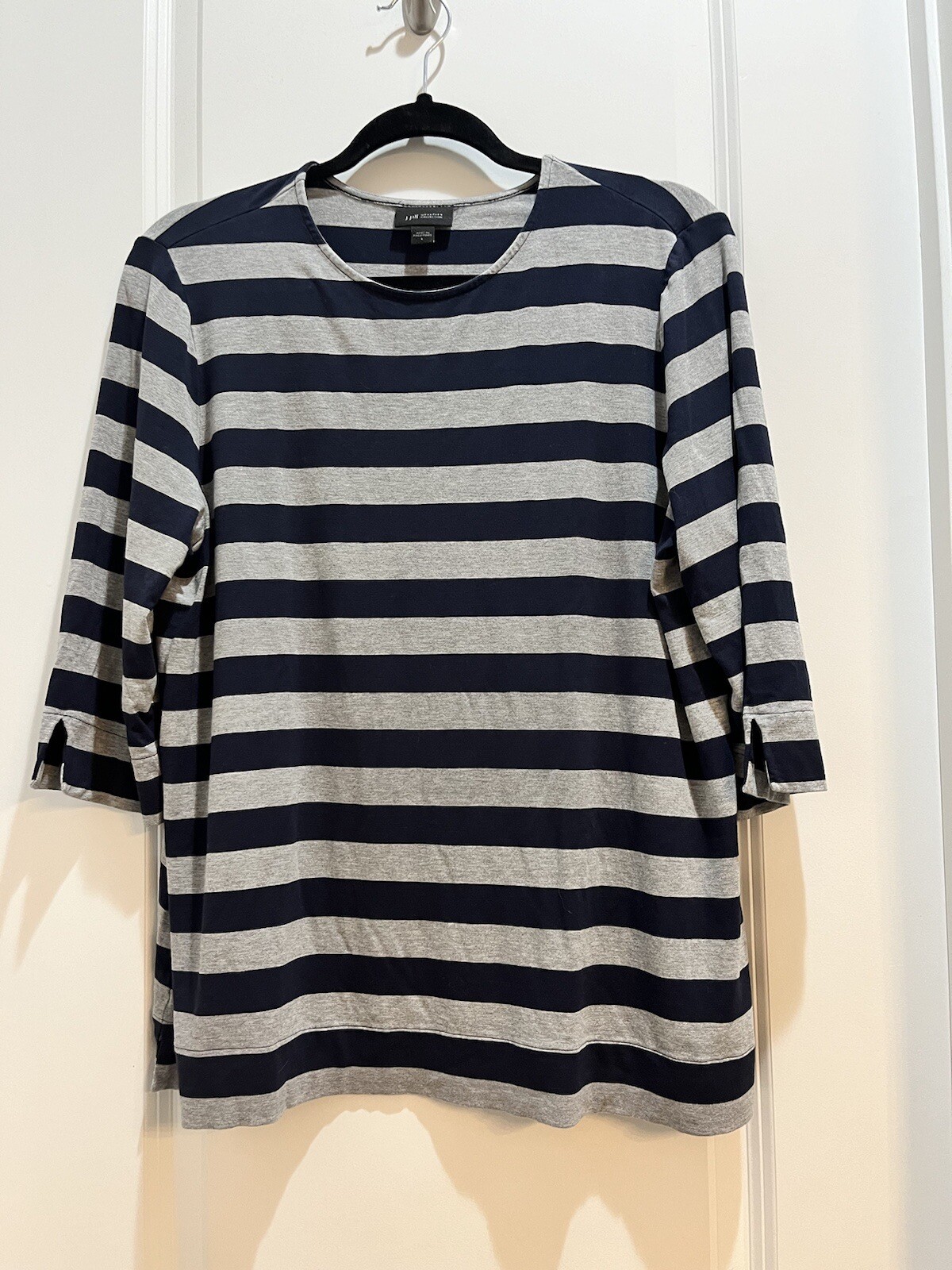 J Jill Wearever Collection Top Large Gray/Black Stripes 3/4 SLeeve Blouse