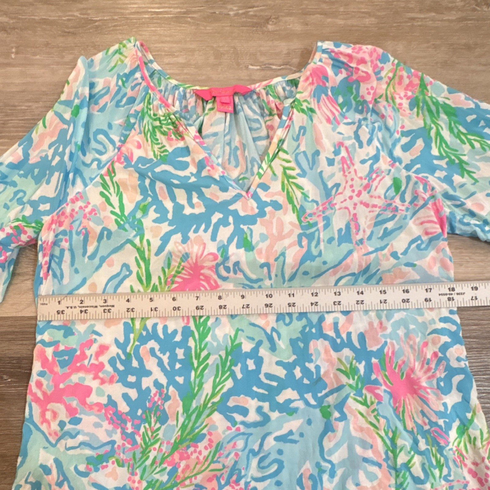 Lilly Pulitzer 100% Rayon Floral Blue/Pink/Green Pullover Long Sleeve Blouse S