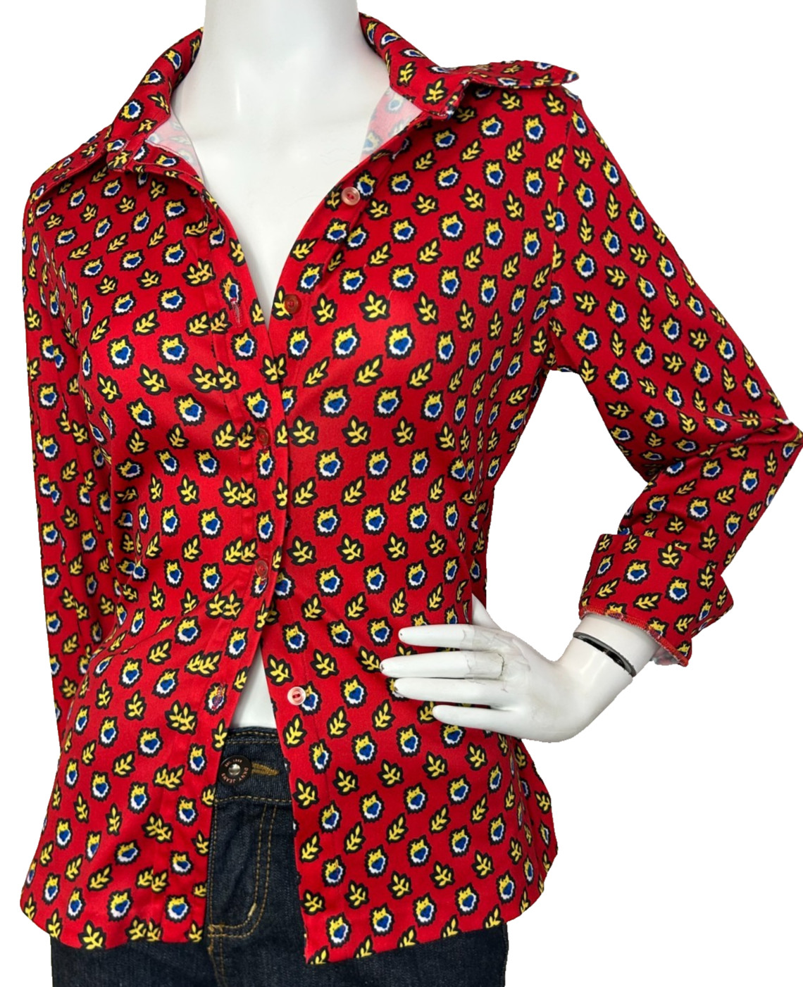 70s Jack Winter Blouse Retro Print Size Medium Dagger Collar Red Long Sleeve