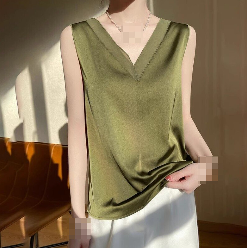 Women’s Camisole Glossy Satin Sleeveless Tops Solid V Neck Summer Casual Shirt