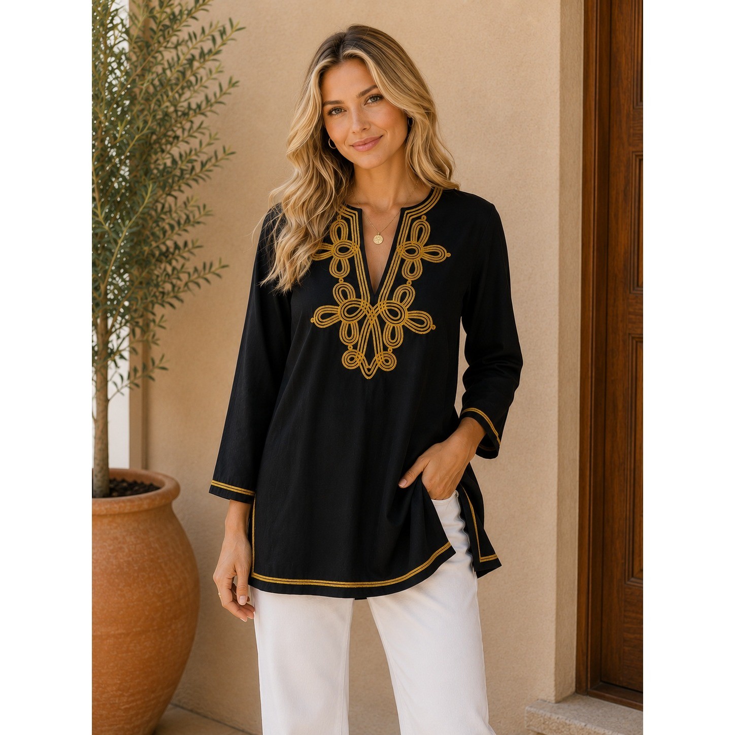 Gretchen Scott Black Gold Soutache Embroidery Tunic Top XL NWT Split V-Neck