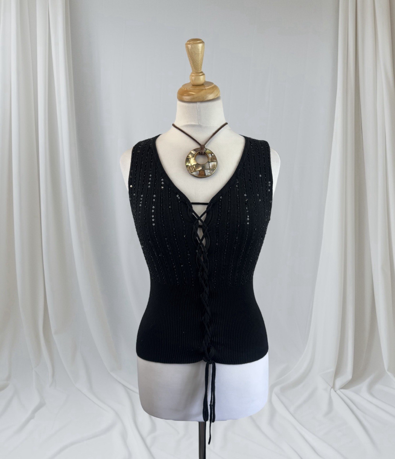 Black Beaded Knit Sequin Lace Up Tank Top Y2K Glam Rock Edgy Party Festival S